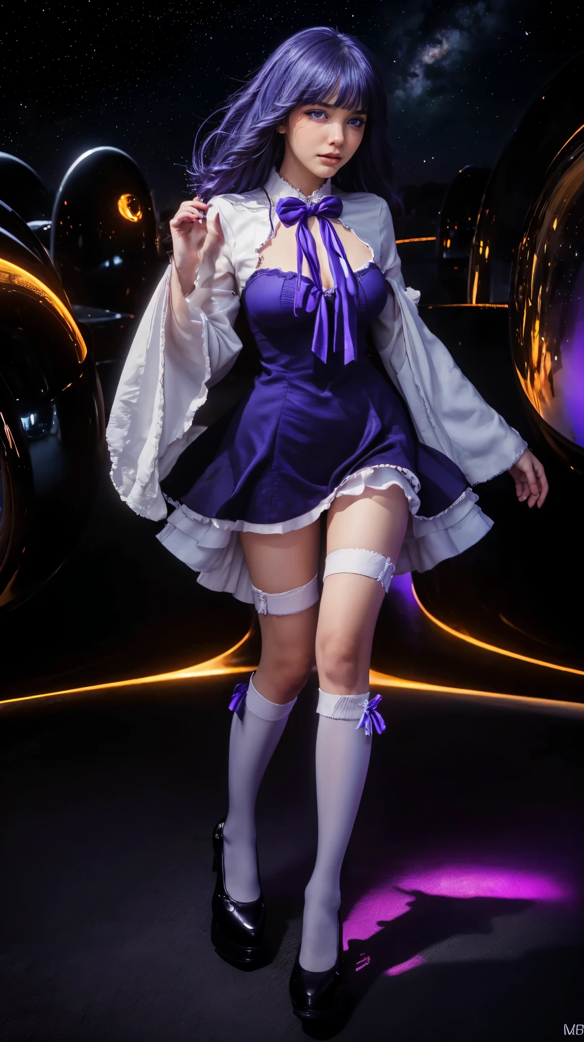 (1 lady), (Best quality at best:1.4), (ultra - detailed), (extremely detailed CG unified 16k), A Beautiful Woman with Perfect Figure: 1.4, Sharp Focus: 1.2, purple hair, very detailed, High-definition RAW color photo, professional photoshooting, amazing face and eyes, cosmetics, (amazingly beautiful girl), ((frederica bernkastel)), Bethcast, ((exact clothes: dress, bowtie, mary janes, socks, cat tail, tail bow, tail ornament)), levitating in a cute posture, (floating in space), (She's levitating in a cosmic sea, outer space:1.3, quantum hyperspace room lacking walls, hyperspace chamber, extremely detailed background, a lot of details background, realistic background), (look from above), realistic cinematic face, head to feet long wide zoomed out view, full body long view, photorealistic, ((realistic natural purple hair style, purple eyes)), gorgeous, extremely beautiful face, perfect model beauty, pout mouth, Highly Detailed Face and Skin Texture, Detailed Eyes, Double Eyelids, Big Breasts, Expressionless, (masterpiece), best quality, high resolution, extremely detailed, cinematic lighting, amazing legs, high heels, clear and well-cared skin, pale skin, frederica bernkastel exact dress: 1, black and white dress: 1, the hemline of the dress is long enough to cover both of her knees, the hemline of the dress ends at her knees, perfectly exact bernkastel dress: 1