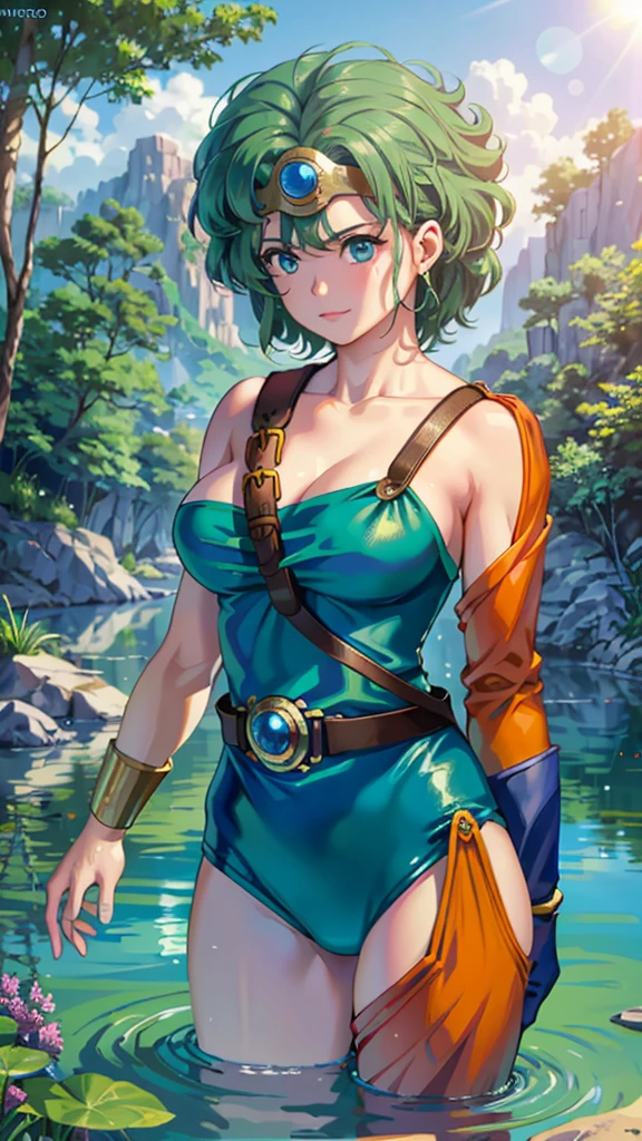 close up portrait of a cute woman (gldot) bathing in a river, reeds, (backlighting), realistic, masterpiece, highest quality, lens flare, Shade, bloom, [[chromatic aberration]], by Jeremy Lipking, by Antonio J. Manzanedo, digital painting,beautiful girl、Green Hair、yamato nadeshiko、Small breasts、Shortcuts、Blue leotard、Muscular、Black paleo skirt、Red Cape、Circlet,One girl, solo, High resolution, Anatomically correct, Highest quality, 