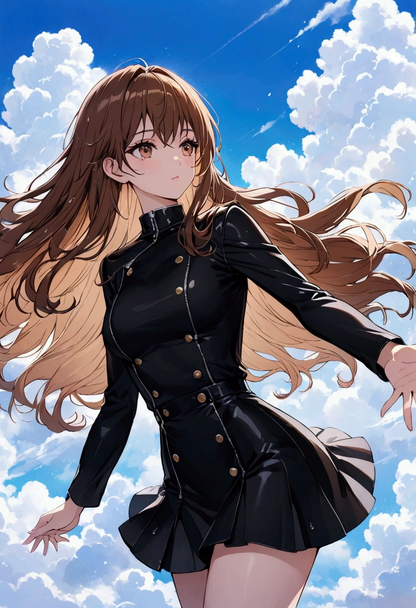 woman,Hand reaching out brown hair,Long Hair,Black Uniform,mini skirt　Big fluffy cloud,noon,It rains,, Floating in the clouds 　Catch the wind