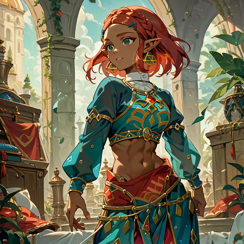 ((Highest quality)), ((masterpiece)), (detailed), （Perfect Face）、The woman is Princess Zelda, with dark green skin and red hair, wearing the provocative red Gerudo outfit, a Gerudo hairstyle, and an engagement ring.