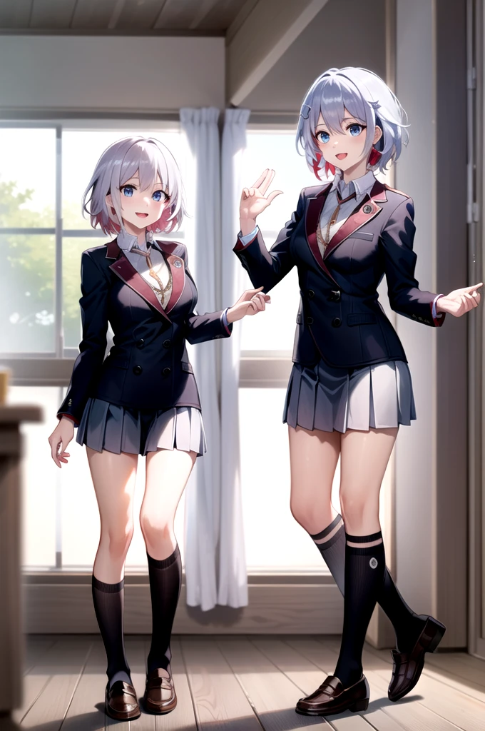 Highest quality, masterpiece, Very detailed,
Topaz RW,
Open your mouth, A light smile,
blue eyes, Gray Hair, short hair, ミディアムshort hair,
school uniform, blazer, tie, skirt, loafers,uniform，
Are standing, Looking at the audience,
classroom