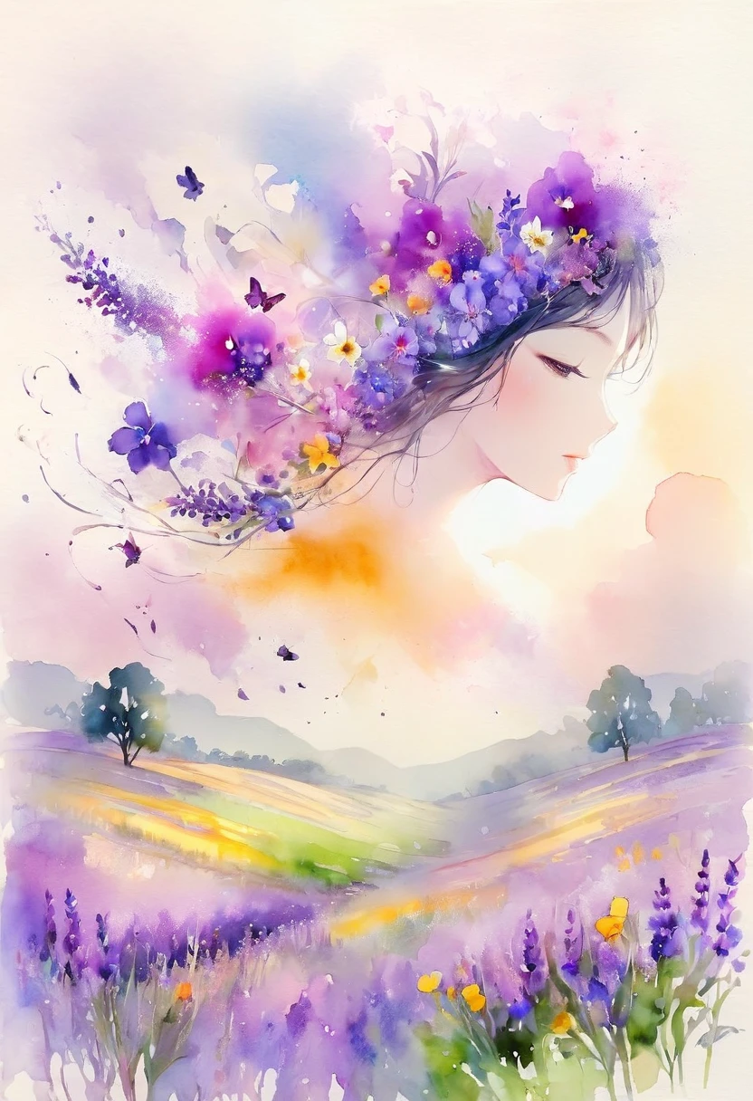 This watercolor floral painting presents an elegant and fresh visual effect。Wildflower and lavender fields，The perfect combination of nature and romance。The screen is mainly white background，Highlight isolated watercolor flowers。Splash-proof technology reproduces wet environments，The atmosphere is hazy and dreamy。The unique composition and abstract expression add to the artistic sense of the picture..，Contains surrealist elements。The overall tone is mainly light color，Lilac and green complement each other，Display high-resolution details。The ink splashing effect adds a touch of agility to the picture，The light color gives the flowers a deep and restrained beauty.。