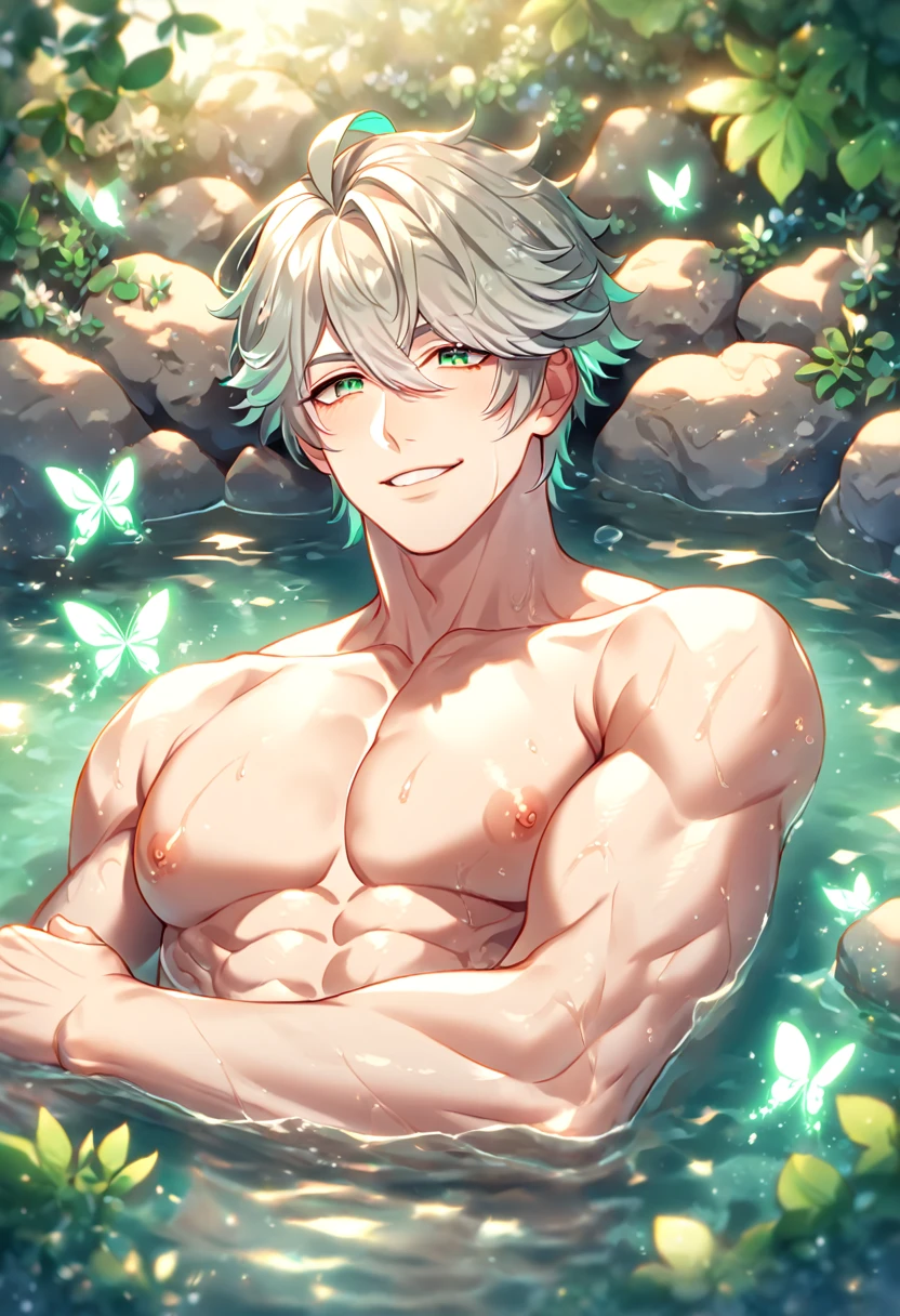 absurdres, highres, ultra detailed, HDR, master piece, Gojou Satoru, white hair, blindfolded eyes, without shirt, Jujutsu Kaisen, toned chest, bare chest, sexy man, handsome, best quality, beach, fantasy, magical, solo, water, sensual, horny, green leaves, flowers, petals, erotic, close up,