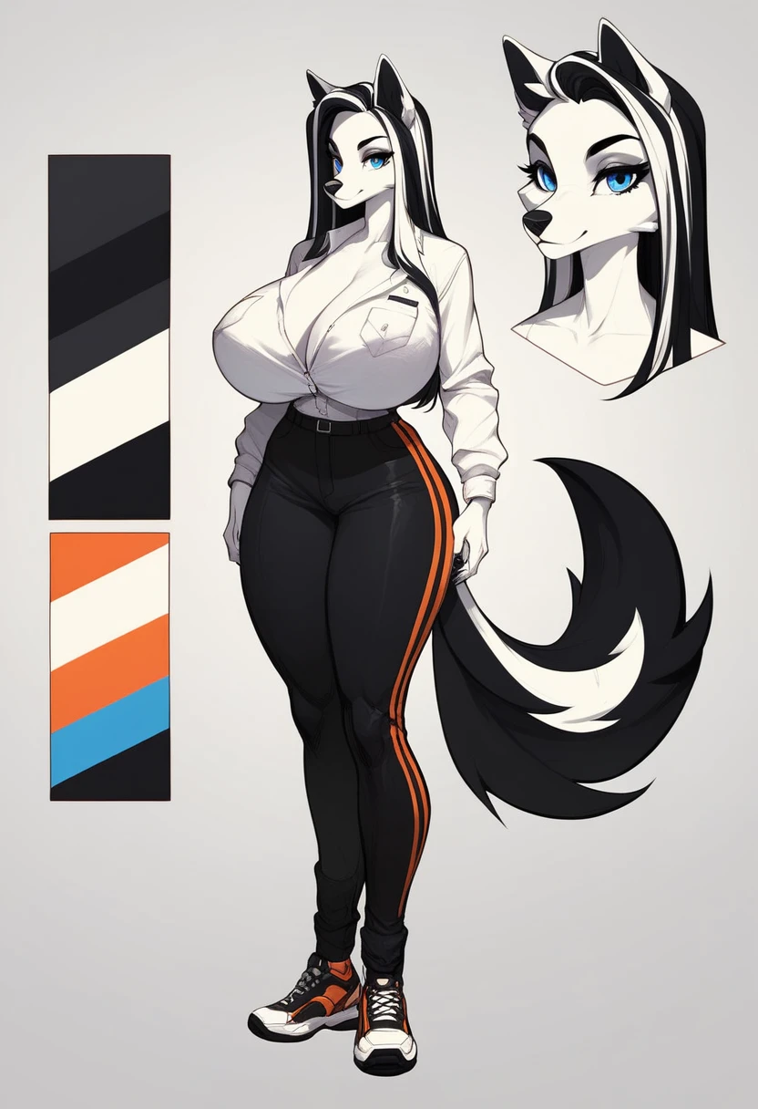 Furry Female wolf oc , BLUE eyes ,Huge long Breasts  , Black highlights , whiter hair solo ,character sheet , Concept ART 