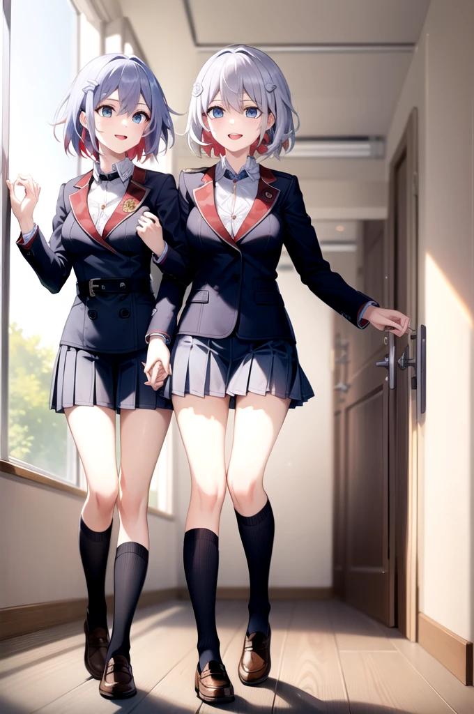 Highest quality, masterpiece, Very detailed,
Topaz RW,
Open your mouth, A light smile,
blue eyes, Gray Hair, short hair, ミディアムshort hair,
school uniform, blazer, tie, skirt, loafers,uniform，
Are standing, Looking at the audience,
classroom