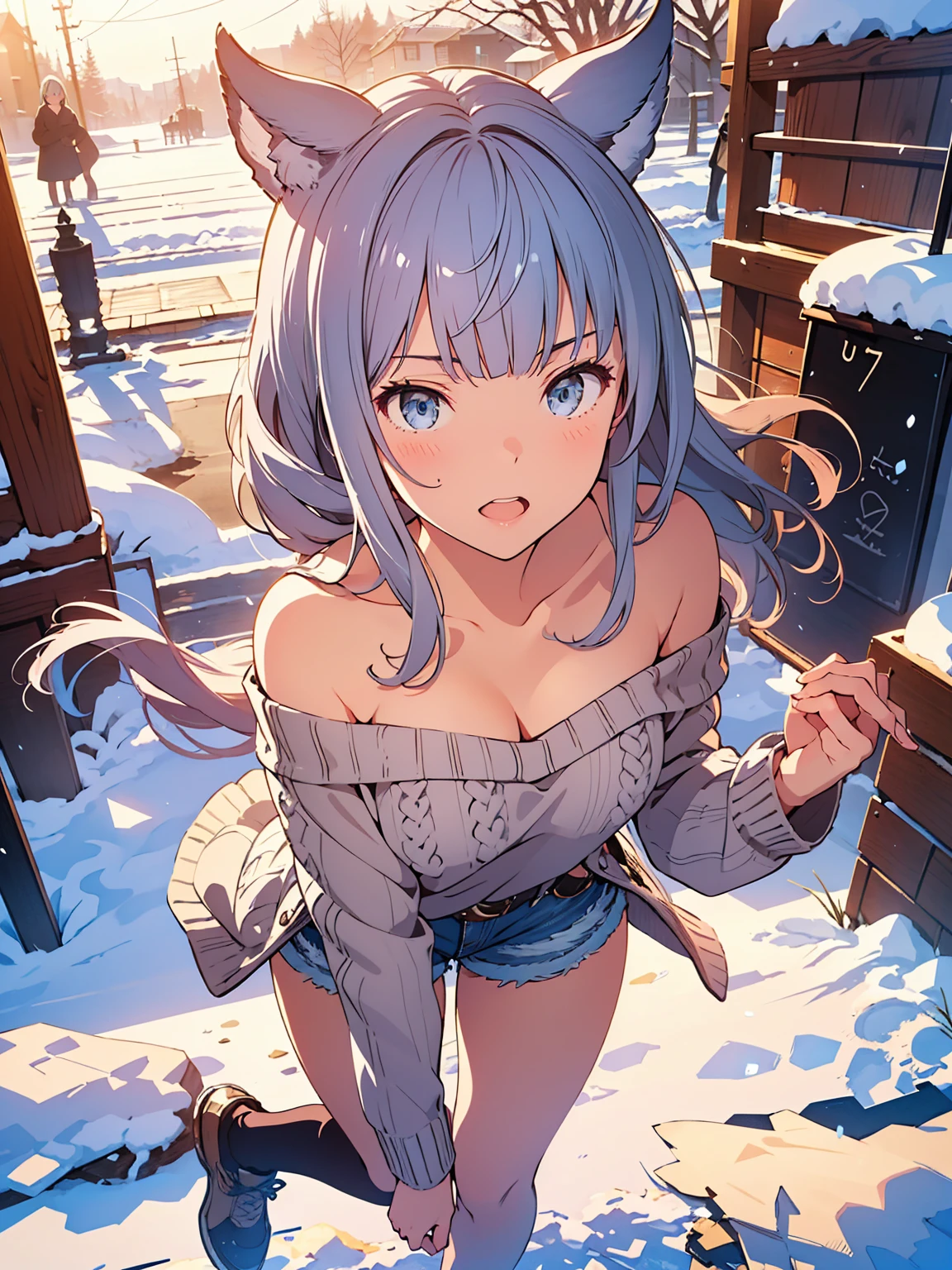 ( masterpiece), best quality, expressive eyes, perfect face, highres, portrait, moody angle, medium breast, full body, solo, embarrassed, korwa, 1girl, blue eyes, white hair, animal ears, off shoulder knit sweater, Shorts, background, outdoor, morning, The setting is outdoors in the snow, Elegant woman posing