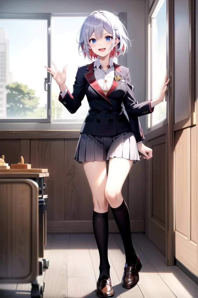 Highest quality, masterpiece, Very detailed,
Topaz RW,
Open your mouth, A light smile,
blue eyes, Gray Hair, short hair, ミディアムshort hair,
school uniform, blazer, tie, Red Skirt, loafers,
Are standing, Looking at the audience,
classroom