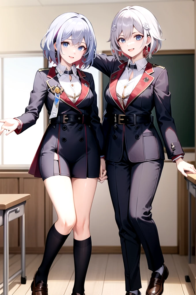 Highest quality, masterpiece, Very detailed,
Topaz RW,
Open your mouth, A light smile,
blue eyes, Gray Hair, short hair, ミディアムshort hair,
school uniform, blazer, tie, Red Skirt, loafers,
Are standing, Looking at the audience,
classroom