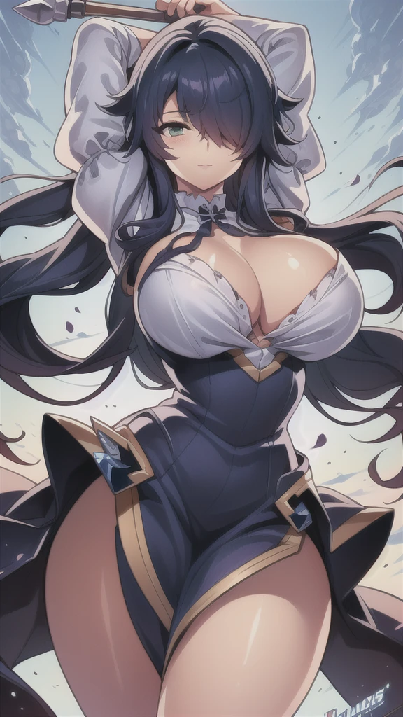 masterpiece,best quality,kim_kwang_hyun, 1girl, azuma,large Long  hair, indigo colored hair, Bangs (((hair over one eye ))), ahoge, plumpy, solo, indigo colored  hair, large huge breasts, looking at viewer, blue-green eyes, indigo colored hair, Bangs (((hair over one eye ))), big bosom, large huge breasts, long sleeves, dress, cleavage, closed mouth, weapon ((large spiked-club)), puffy sleeves, arm up, clothing cutout, copyright name, purple dress, cleavage cutout, juliet sleeves , power armor, shoulder armor, large long hair, hair over one eye indigo colored hair, blue-green eyes, ahoge