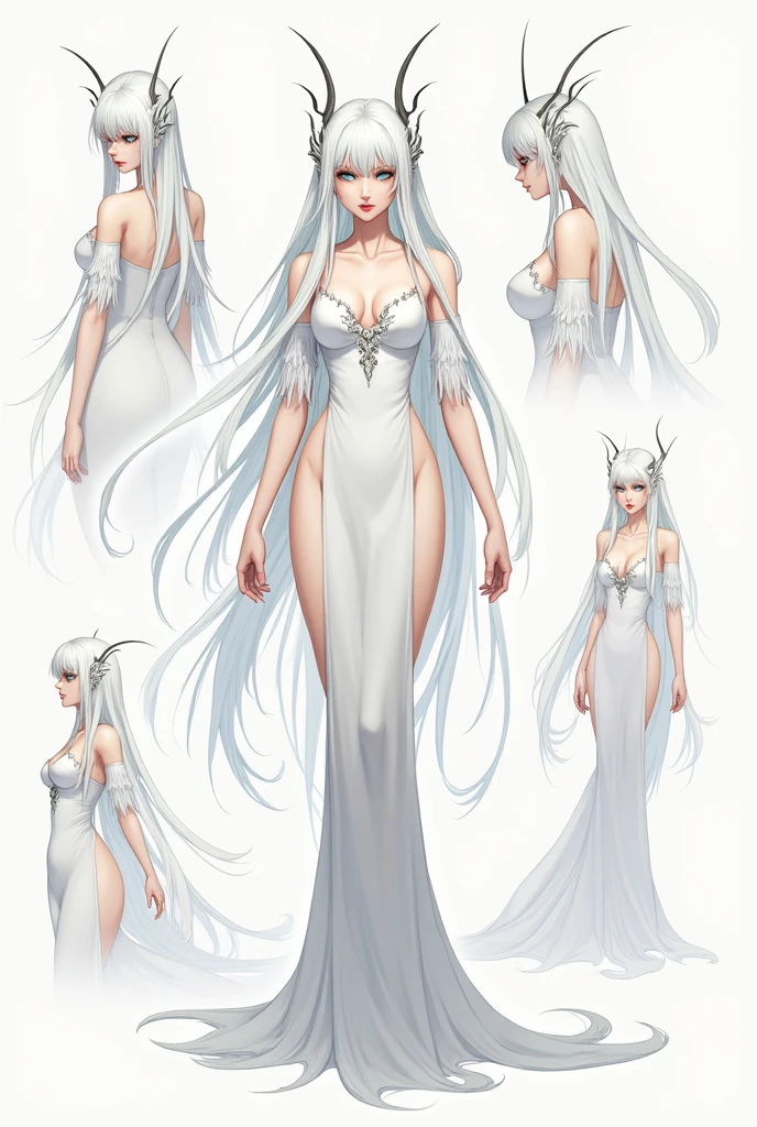 (masterpiece), ultra detailed, 8k, ((A character sheet:1.4)) or reference sketch of a beautiful long silver haired girl, ultra realistic and sharp detail and intricate, intricate details, and style, background illustration, white flat background,((long silver hair)),((fantasy dark combat dress)), young, slightly small breasts, cute, expressionless
