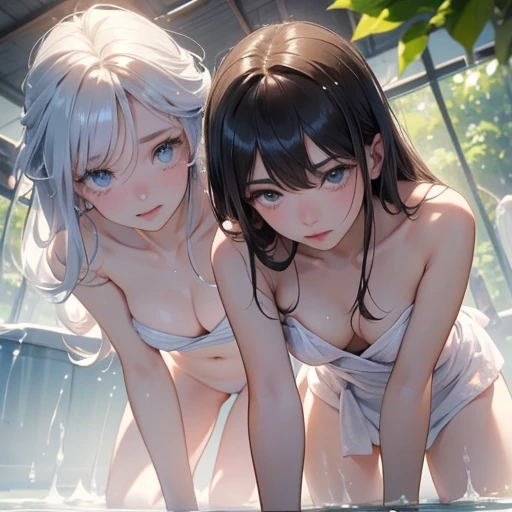 Anime Moe Art Style,Highest quality,High resolution,Anatomically correct,Multiple Girls,Mid-teens,Mr.々Hair style,Super detailed,Big Breasts,Shiny skin,Beautiful Skin,A rich expression,A big smile,high school girl,Nipples are visible,Completely naked,hot spring,Taking a bath,Sexy pose,Eyes drawn in detail,8K