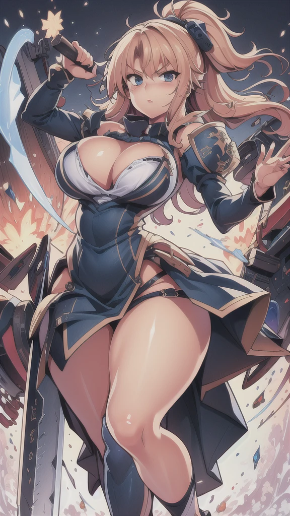 masterpiece,best quality,kim_kwang_hyun, 1girl ,u47\(azur lane\), Blondie hair,plumpy, solo, Blondie hair, shiny hair, large huge breasts, looking at viewer, blue eyes, Blondie hair, big boson, large huge breasts, long sleeves, dress, cleavage, closed mouth, weapon (( sword )), puffy sleeves, arm up, clothing cutout, copyright name, blue dress, cleavage cutout, juliet sleeves , power armor, shoulder armor, Blondie hair, blue eyes, Serious 