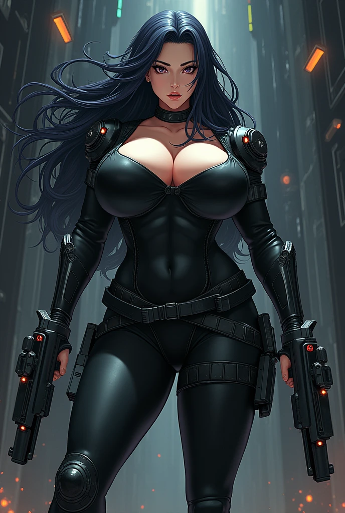 a cartoon picture of a woman with a gun in her hand, cyberpunk judy alvarez, ghost in the shell style, ghost in the shell art style, cyberpunk angry gorgeous goddess, oppai cyberpunk, cyberpunk femme fatale, in cyberpunk style, jet black haired cyberpunk girl, cyberpunk art style, cyberpunk 2 0 y. o model girl, cyberpunk jackie welles
