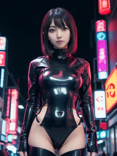 {{1 female},{{{{{table top++, highest quality++, Super detailed+, ultra high resolution,(realistic:1.4)cowboy shot,Yol Forger, (spy x family), RAW photo,(Yol Forger)+,(Yol Forger)+, (spy x family) Expressionless, black hair, red eyes ,clavicle, side lock, white hair band, earrings, short hair((black doll suit girl 1.6)),so beautiful, highest quality, absurd, 1 girl, brainwashed,}}}} empty eyes,(red glowing eyes :1.4)), ((big breasts:1.1))、(The shape of the genitals is clearly visible)) cyber punk, dark laboratory, dark room,(neon light:1.2), (night:1.5), (Stand up and raise your right arm in salute,)