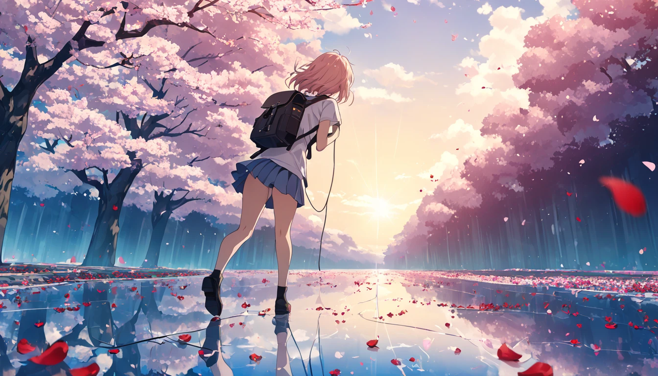 (masterpiece, Highest quality:1.4), 1 girl, solo, Anime Style, Back view, Quick Run, White T-shirt, mini skirt, Hair fluttering, rucksack, Backpack, Blue sky, White cloud, Low - Angle, Shooting from the ground, Cherry tree, Cherry blossom petals, Petals fluttering, Plants, Electric pole, Streetscape, Petals scattered on the road, Red flower, electric wire.