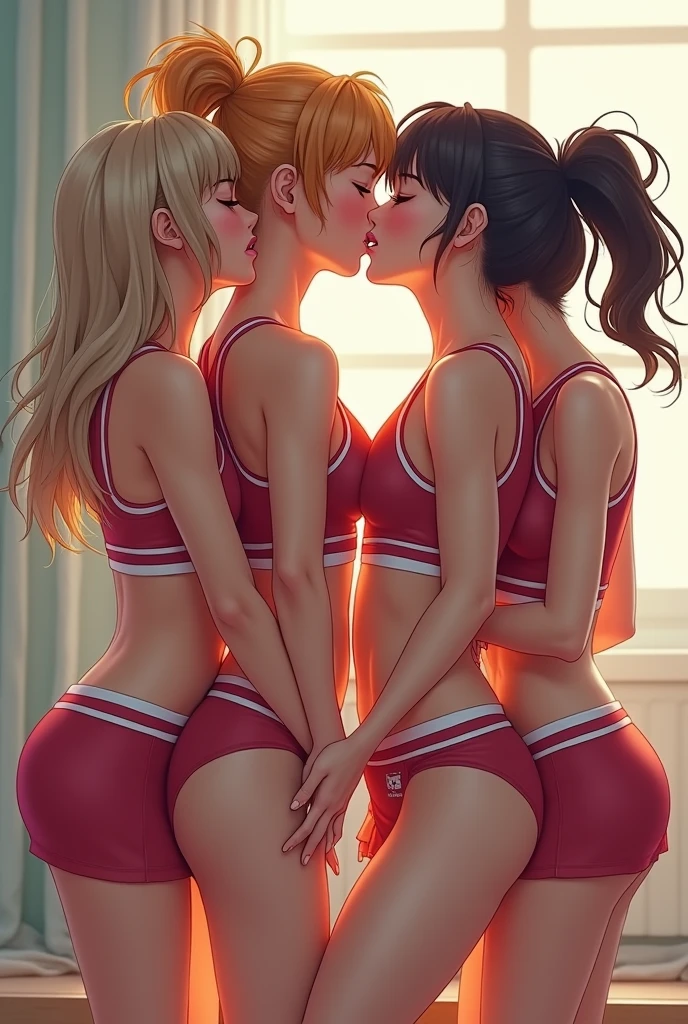extremely detailed picture of 4 cute cheerleader girls kissing in short skirts showing panties