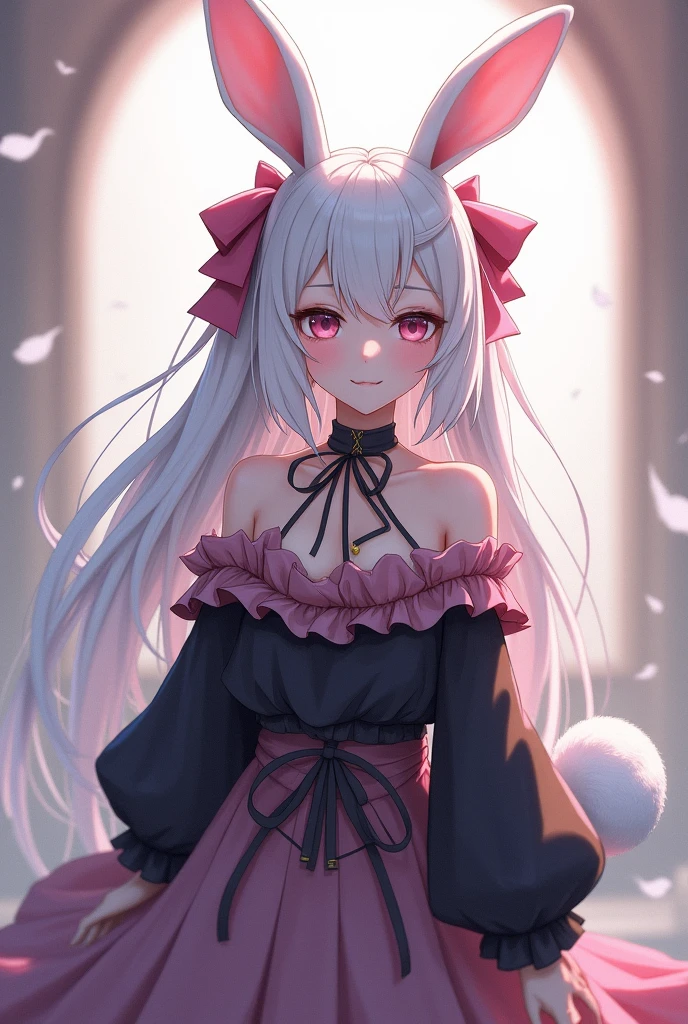 playful anime girl with white hair and dark grey and red strands in her hair striking a playful pose with an seductive grin on her face, her ears are pointy, she is wearing a bloodred and white leather dress, bloodred and black blossoms as accessories in her hair, playful grin on her face, shiny dark red eyes, dark grey tendrils with dark red clemantis flower blossoms in the background, playful look, detailed ayes, best anime characterdesin, high resolution, 8K fantasy artwork