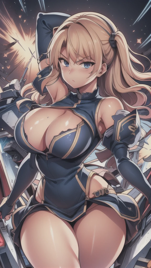 masterpiece,best quality,kim_kwang_hyun, 1girl ,u47\(azur lane\), Blondie hair,plumpy, solo, Blondie hair, shiny hair, large huge breasts, looking at viewer, blue eyes, Blondie hair, big boson, large huge breasts, long sleeves, dress, cleavage, closed mouth, weapon (( sword )), puffy sleeves, arm up, clothing cutout, copyright name, blue dress, cleavage cutout, juliet sleeves , power armor, shoulder armor, Blondie hair, blue eyes, Serious 