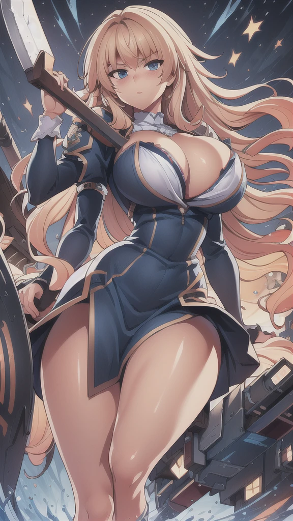 masterpiece,best quality,kim_kwang_hyun, 1girl ,u47\(azur lane\), Blondie hair,plumpy, solo, Blondie hair, shiny hair, large huge breasts, looking at viewer, blue eyes, Blondie hair, big boson, large huge breasts, long sleeves, dress, cleavage, closed mouth, weapon (( sword )), puffy sleeves, arm up, clothing cutout, copyright name, blue dress, cleavage cutout, juliet sleeves , power armor, shoulder armor, Blondie hair, blue eyes, Serious