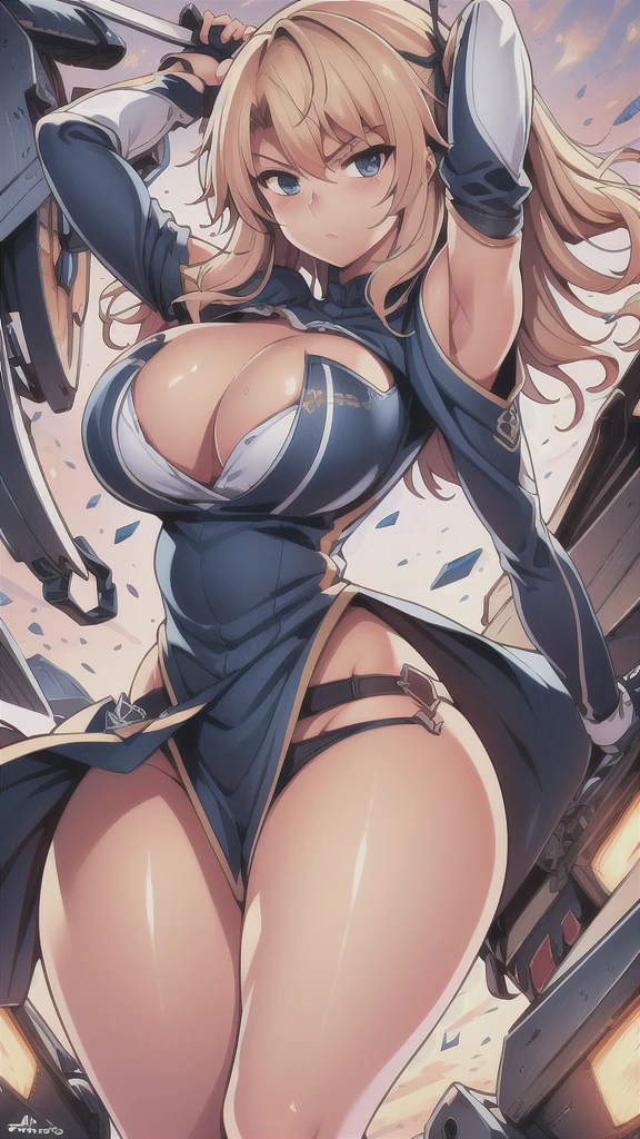 masterpiece,best quality,kim_kwang_hyun, 1girl ,u47\(azur lane\), Blondie hair,plumpy, solo, Blondie hair, shiny hair, large huge breasts, looking at viewer, blue eyes, Blondie hair, big boson, large huge breasts, long sleeves, dress, cleavage, closed mouth, weapon (( sword )), puffy sleeves, arm up, clothing cutout, copyright name, blue dress, cleavage cutout, juliet sleeves , power armor, shoulder armor, Blondie hair, blue eyes, Serious 