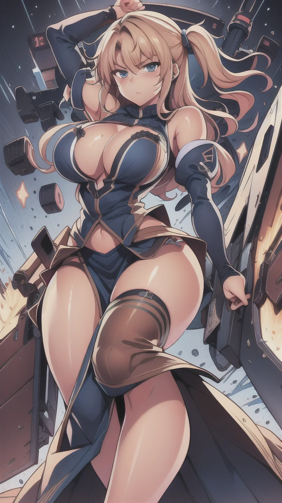 masterpiece,best quality,kim_kwang_hyun, 1girl ,u47\(azur lane\), Blondie hair,plumpy, solo, Blondie hair, shiny hair, large huge breasts, looking at viewer, blue eyes, Blondie hair, big boson, large huge breasts, long sleeves, dress, cleavage, closed mouth, weapon (( sword )), puffy sleeves, arm up, clothing cutout, copyright name, blue dress, cleavage cutout, juliet sleeves , power armor, shoulder armor, Blondie hair, blue eyes, Serious 