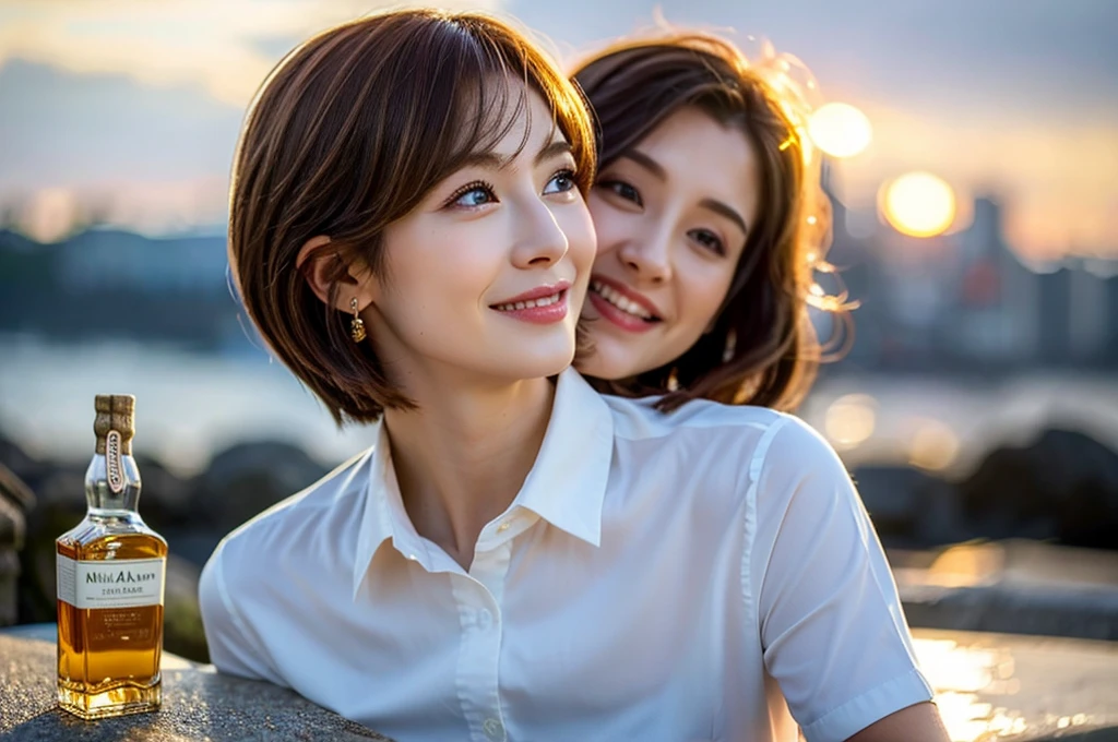 (Realistic, 超Realistic:1.4), 16k hdr, High resolution,Brown short hair,The best smile、Japanese actress,Super Beauty(Like the real thing),Short sleeve dress,Whiskey bottles、The Macallan、Johnnie Walker、、Old Parr、whiskey、Suntory、Nikka、Slim couple、Model Couple、(Realistic, Intricate details:1.2), full-course dinner、Whiskey bottle and glass on the table、Single Malt、scotch、Rocks glass、Shot Glass、Whisky on the Rock、Scotland、Amazing view of the sunset sky and clouds、,Digital single-lens reflex camera, Soft lighting, Detailed Background, Written boundary depth, Volumetric lighting, Sharp focus, super Realistic 肌,super beautiful expression,Cloud Effect:1.2、プロ品質のHigh resolution、Realistic facial features,Highest quality,Slim figure,Highly detailed face,Highly detailed eyes,Beautiful Lips,Excellent light particles,Cinema Lighting,blue eyes,