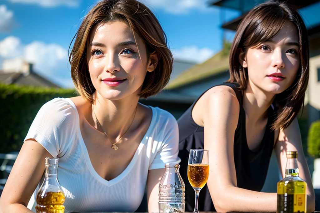 (Realistic:1.1),(masterpiece,Highest quality),8k,(56 years old), 53 years old, ベリーslimボディ、slimカップル、Tight waist,Upper Body,full-course dinner、wine 、Amazing view of the sunset sky and clouds、Perfect Anatomy, Brown Hair, short hair,Random Hairstyles,((Highly detailed face and eyes:1.2)),Perfect golden ratio face,Long sleeve shirt、dress,(smile:1.2)、Shortcuts、cute、(Realistic, Intricate details:1.2), A bright smile、short hair,Bright Face、赤wine 、Appetizers、Italian food、wine bottle、Champagne、スパークリングwine、(slimな顔), (The body is slim), (Brown Hair), (Shortcuts), Upper Body, 白wine, slim, wineグラス,