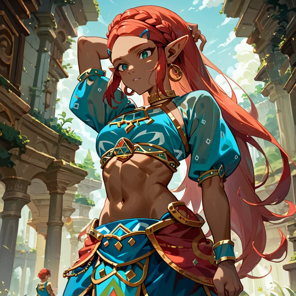 ((Highest quality)), ((masterpiece)), (detailed), （Perfect Face）、The woman is Princess Zelda, with dark green skin and red hair, wearing the provocative red Gerudo outfit, a Gerudo hairstyle, and an engagement ring.