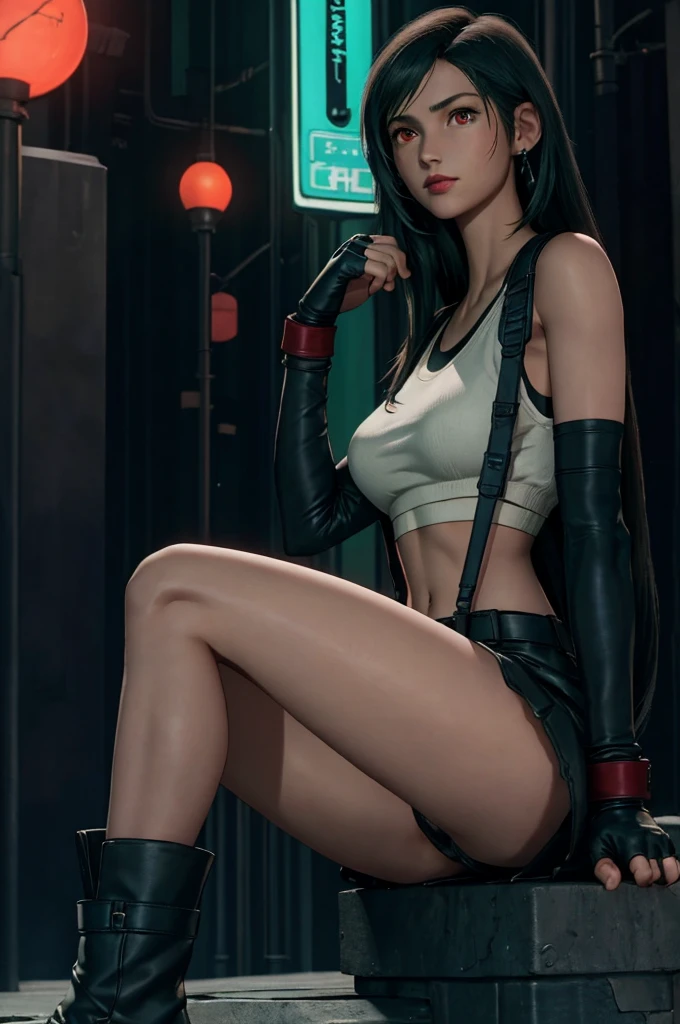 Tifa Lockhart, Final Fantasy VII,,Ankle boots, Black Hair, black skirt, black knee socks, Big Breasts, Cityscape, Crop top, Elbow Gloves, Elbow pads, fingerless gloves, whole body, Headrest, Small face,8 heads,Clear red eyes,lips,View your viewers, low-tied long hair, Panties,Midgar, Green light, night, masterpiece,Highest quality,High resolution,((Accurate human body)),The correct five fingers,True to prompts,Cinema Lighting,The right two legs,Open your legs,