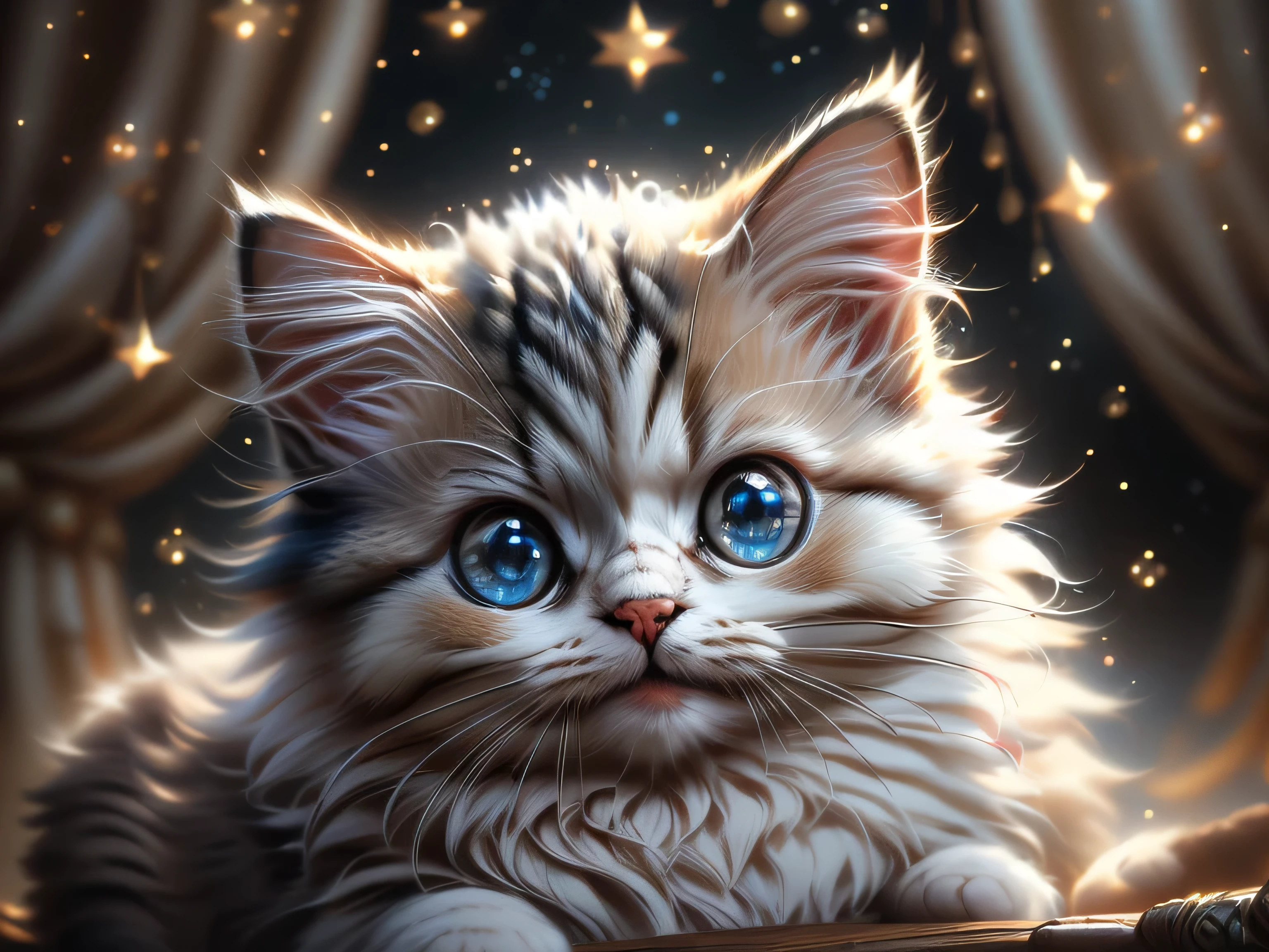 close-up photo super cute, big-eyed, with a soft, gentle nose, fluffy, smiling with two teeth, Persian cat on a natural background, realistic, beautiful, sparkles, stars in the eyes, soft volumetric light, (backlight:1.3), (cinematic:1.2), intricate details, (ArtStation:1.3), Rutkowski --auto --s2