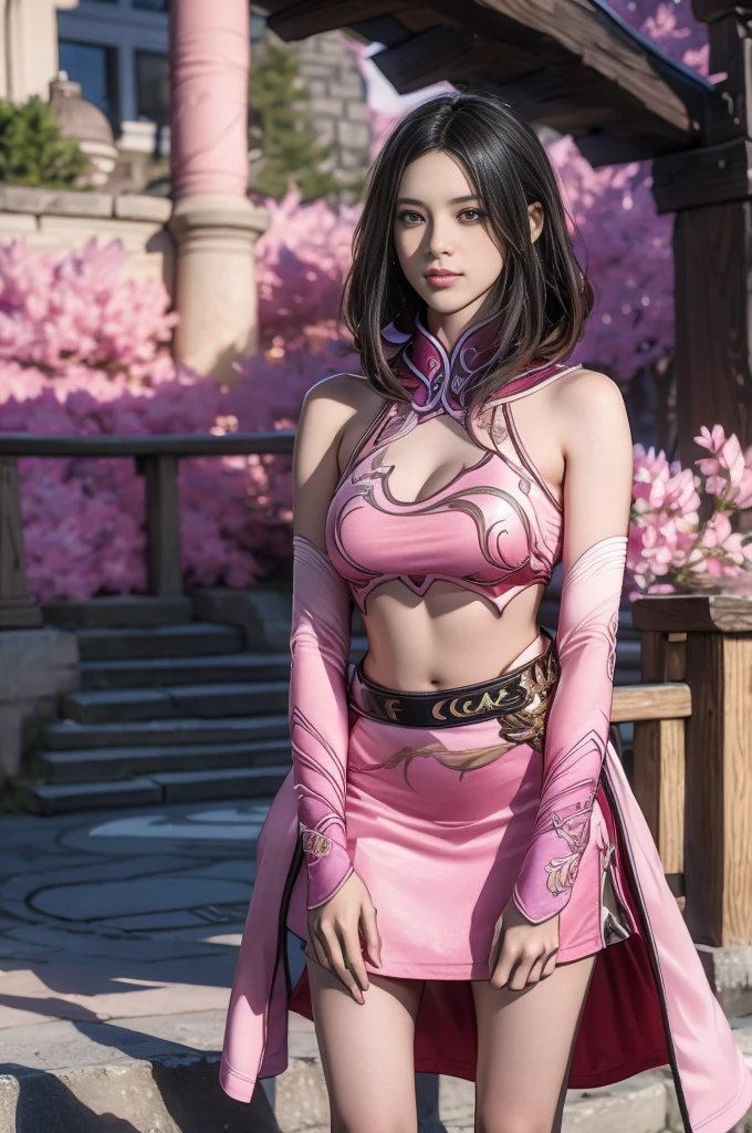 Highest quality, Official Art, masterpiece, Fabric Shading, High resolution, Very detailed, colorful, Best details, Fantasy, Combat Uniform, Song Jua:1.5, 1 female, Age 25, Black Hair, short hair, Up bang hair, One Length, Highest quality, Official Art, masterpiece, Fabric Shading, High resolution, Very detailed, colorful, Best details, Fantasy, Standing on the stairs, A castle town with an old castle, sunny, Random Hair, Large Breasts, skinny, A richly decorated white cloak, Surrounded by many people:1.9, Confetti falling, Blessed, welcome:1.5, Camel Toe:1.3, Ground level shot:,armor, detached sleeves, skirt, midriff