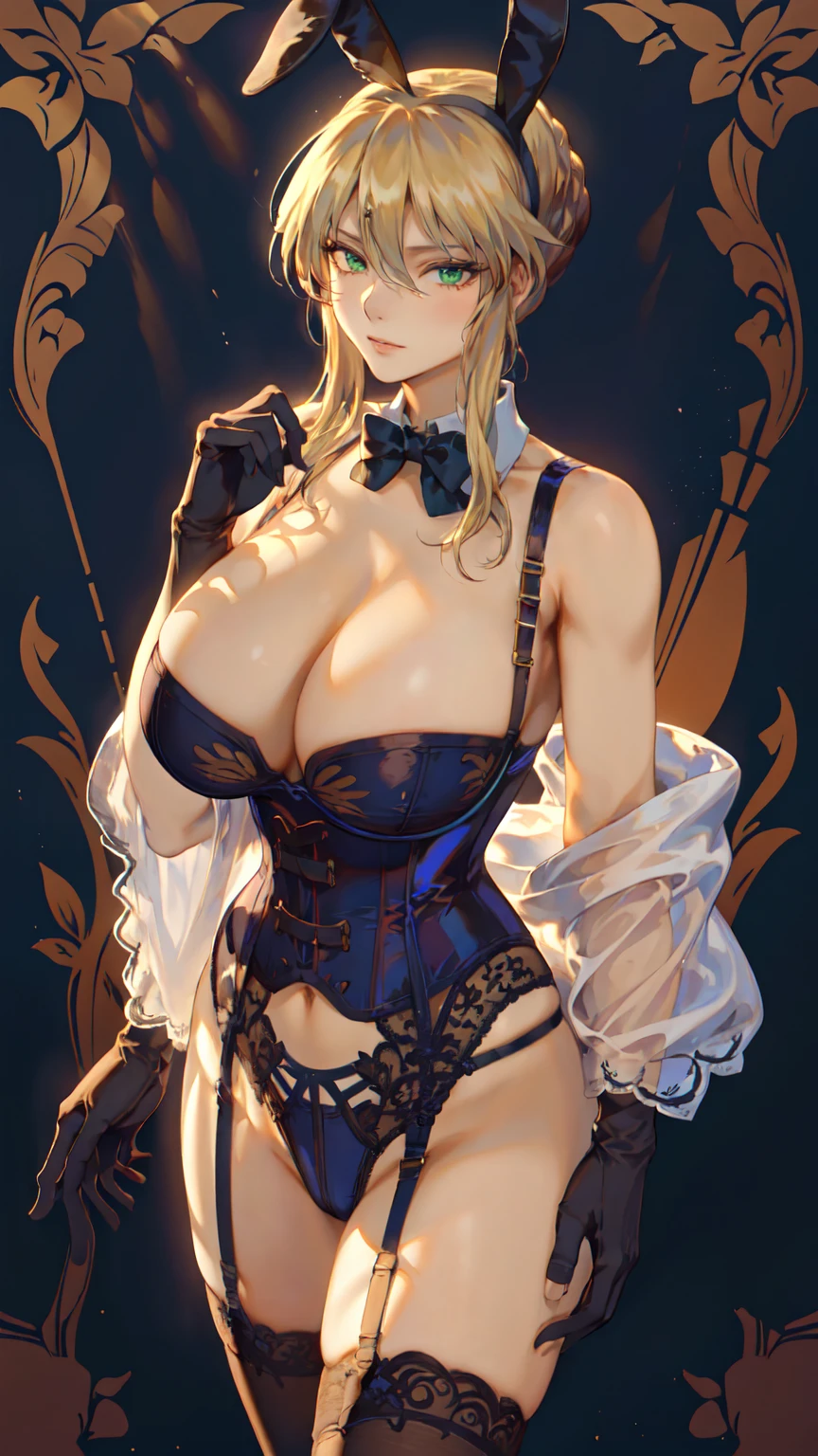 Artoria Lancer, Mature Woman, Cool woman, elegant, Blonde, (((Green Eyes, eyes in highlight:1, shiny eyes:1))), ((Bunny suit, Headband, rabbit ears, corset, bow tie, gloves, garter belt, high leg, thigh highs)), Portraiture, ((cowboy shot)), Curvaceous, 4K resolution, high quality, 最high quality, High resolution, unity 8k wallpaper, (figure:0.8), (((beautiful細部までこだわった目:1.6))), ((非常に詳細なface)), Highly detailed CG, (Perfect hands, Perfect Anatomy), (Vibrant_color:1.2), Professional photos, (beautiful_face:1.5), (narrow_Waist), ((grin, sharp face)), (perfect anatomy), ((highly detailed beautiful face)), ((slender body, slim arms)), ((huge boobs, Cleavage)), ((long hair, wavy hair, hair bun, long sideburns)), (official art:1), ((tall person)), (nice body), Incredibly absurd, 最high quality, 4K wallpaper, mature modeling, One girl, alone, (魅惑的なface:1.3), Bone eye, Deep and detailed, ((see-through lingerie garter belt black thigh highs)), sexy lace underwear, lingerie, Simple Background, Gradient Background