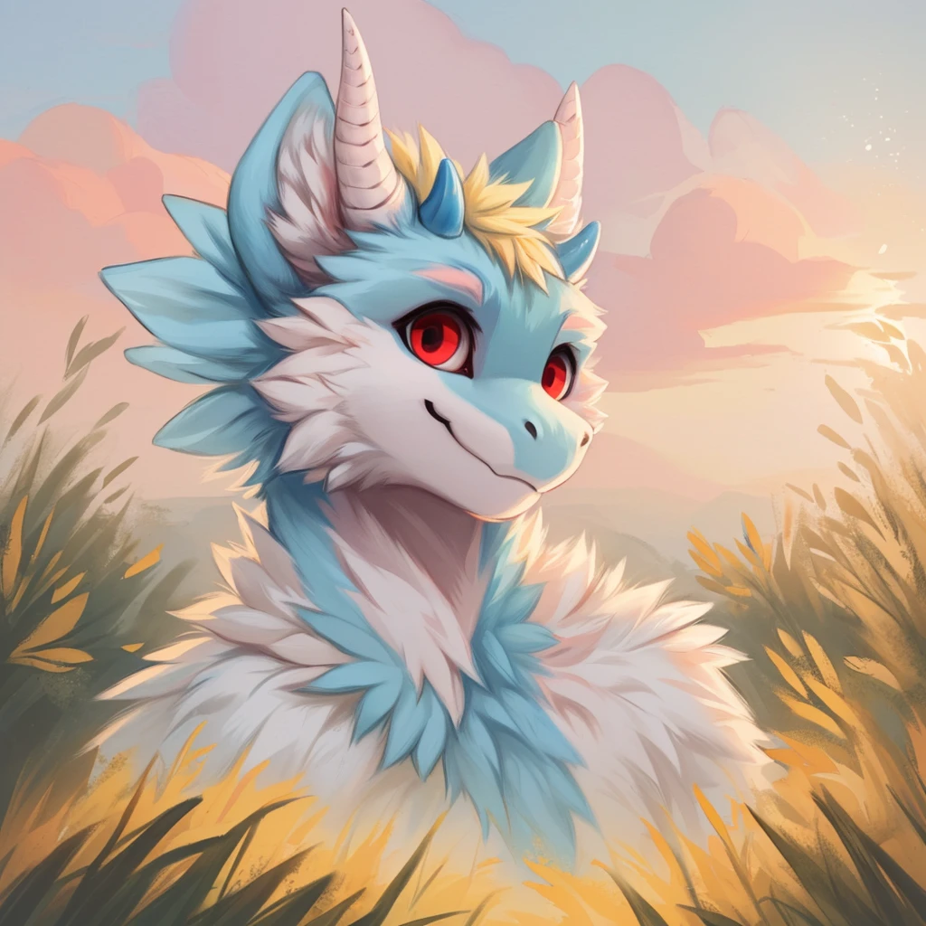 A drawing of an antropomorphic a bit chubby dragon with a color  palette of light blue, pastel blue, pastel pink, pastel yellow and slightly blue white, red eyes, with small horns on the head, short hair, closed smile, looking directly at viewer, high quality furry art, backwards  horns.