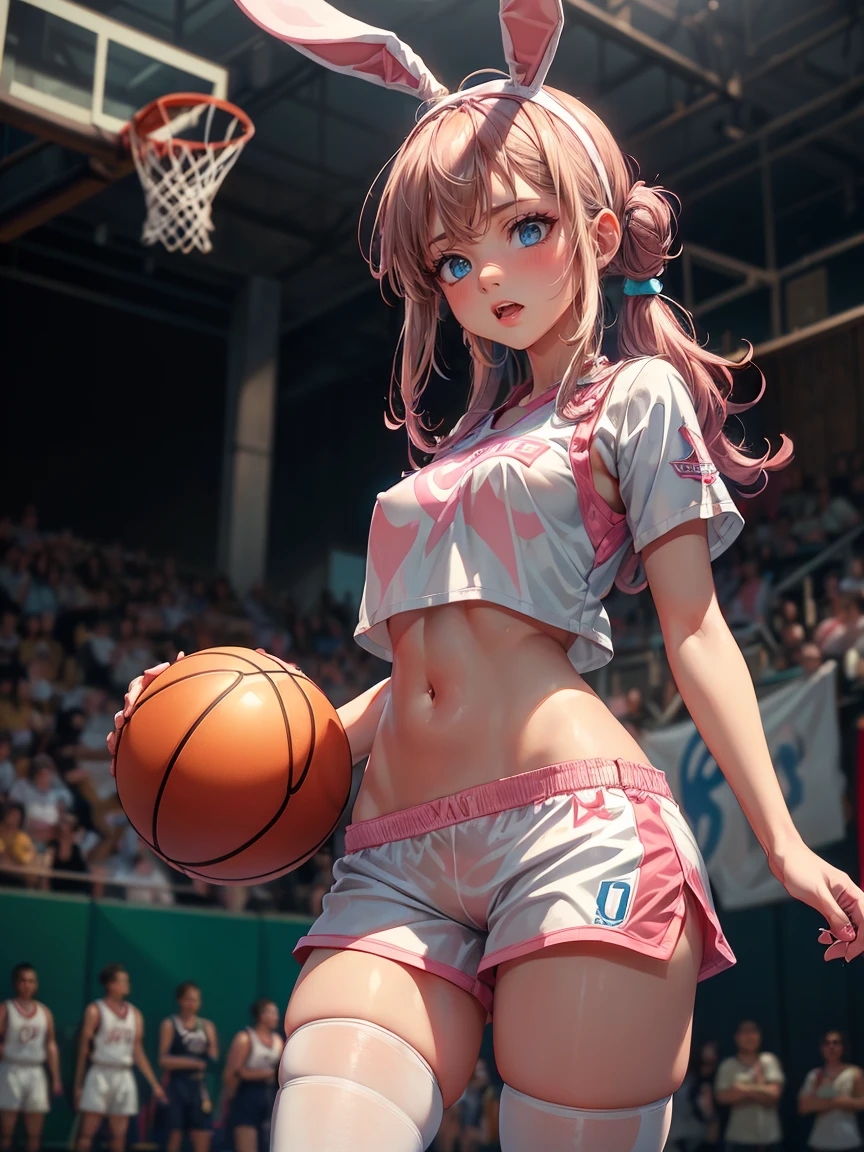 (NSFW lolabunny,  Bunnygirl, first bronzeada, blue colored eyes, pink nose, buck teeth, hair band, basketball uniform, white  shirt, White shorts, tummy, logo on shirt:1.2), (by ratte and nuzzo and kenket:0.7), first realisitic, Real, detailded, (first detalhada, first, corpo velues: 1.2), velues, anthropo, best qualityer, professional foto, fotorrealism, high qualiy, Volumetric, ray tracing, HDR, 4K, 8k, ress absurdos,  realisitic, maximum shading, ((NSFW, Masterpiece artwork)), (Close  up, portraite, on a basketball court:1.2),