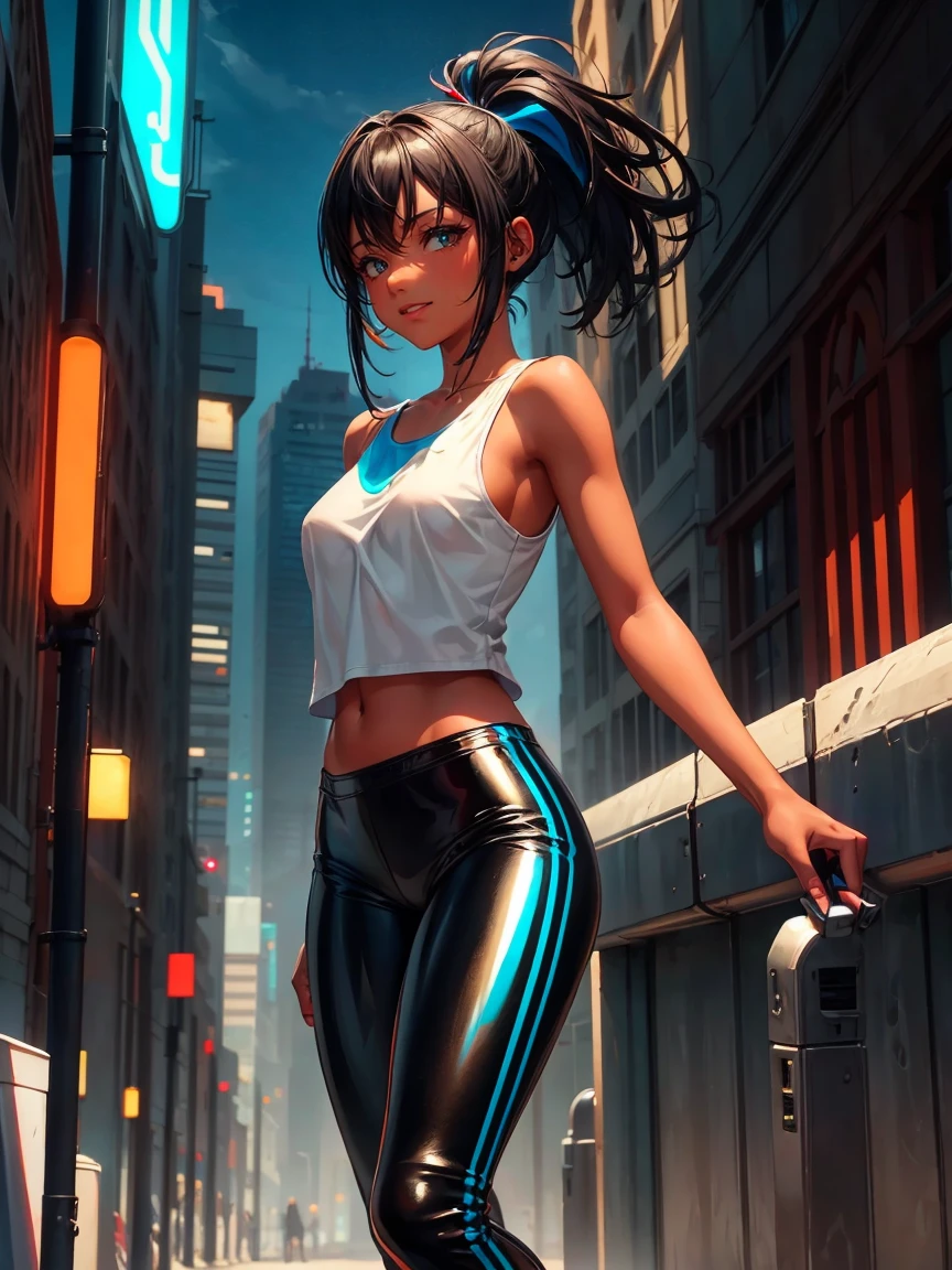 
high qualiy, Youngh, glad, ssmile, darkskin, grey-eyed, short white sleeveless t-shirt, tight leather pants, red and blue sneakers, long straight shiny black hair, a futuristic landscape, neon lights