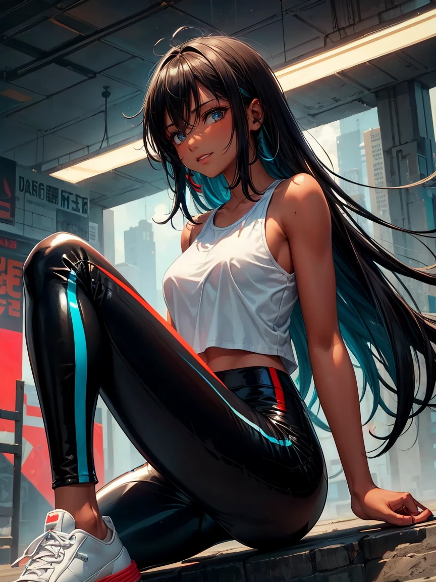 
high qualiy, Youngh, glad, ssmile, darkskin, grey-eyed, short white sleeveless t-shirt, tight leather pants, red and blue sneakers, long straight shiny black hair, a futuristic landscape, neon lights