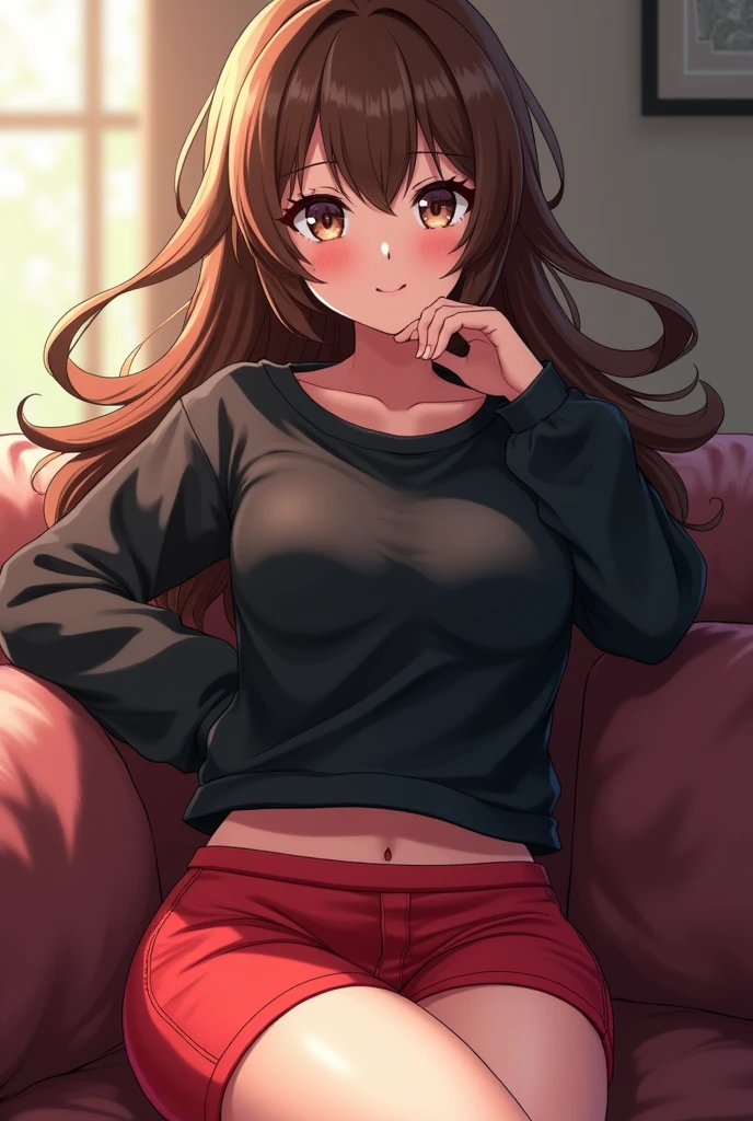 (best qualityer:1.3), nakano miku, long brown hair, hair between the eyes, big round breasts, open zipper sweatshirt, Shorts, neckleace, sitting not sofa, (ass pov)