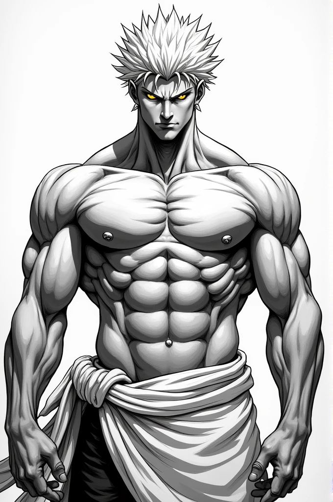 Black and white manga style male character with white hair and muscular ...