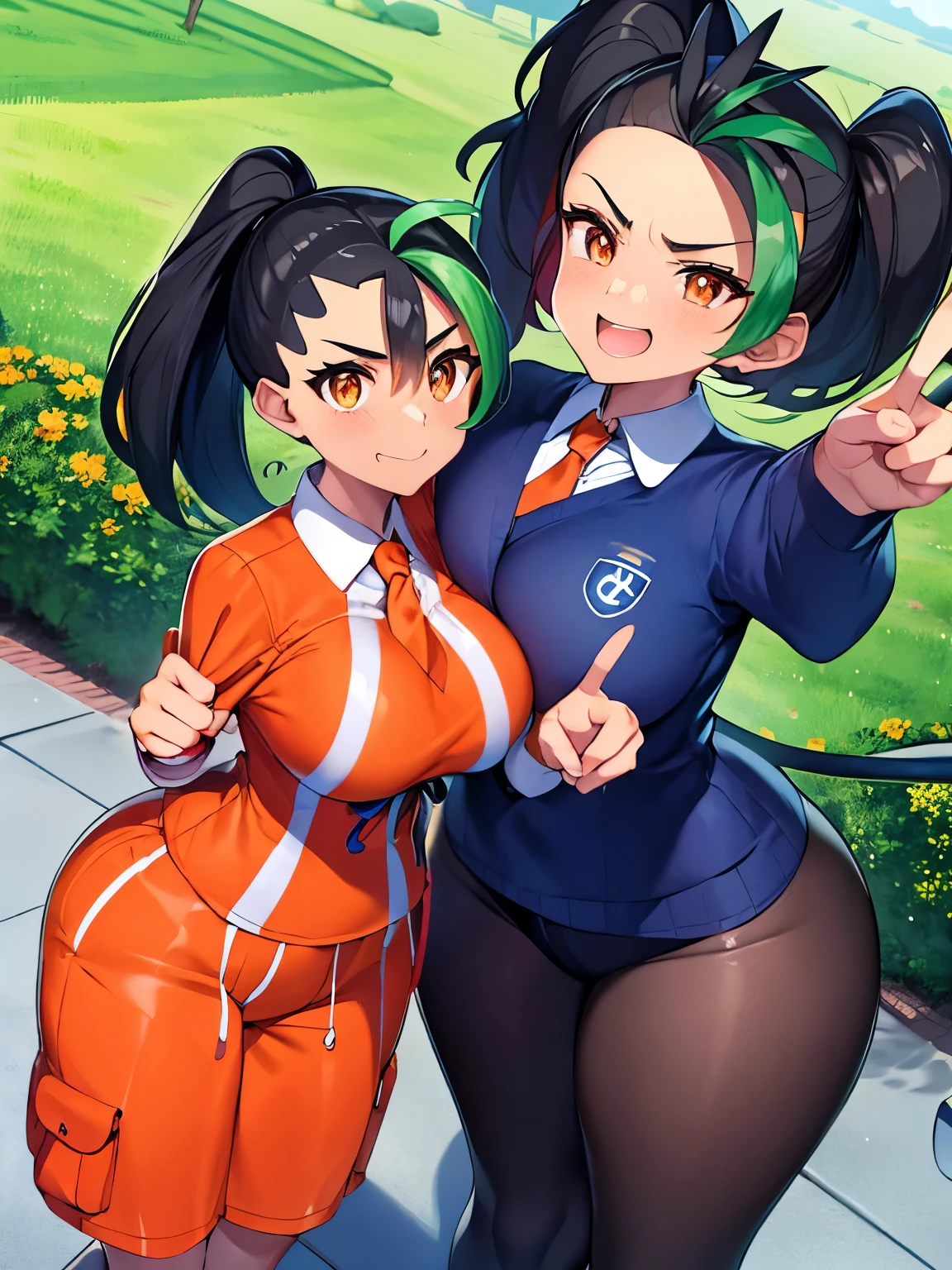 Pokémon、nemo、big tits milf、big tits milf、gran MILF、Alone、nemona、by the wide、orange eyes、Horse tail、look at the viewer、black pantyhose、gloves、orange tie、orange shorts、short sleeve、School uniform、scenery、sceneryライト、Stand out、peace sign、dutch angle、smile