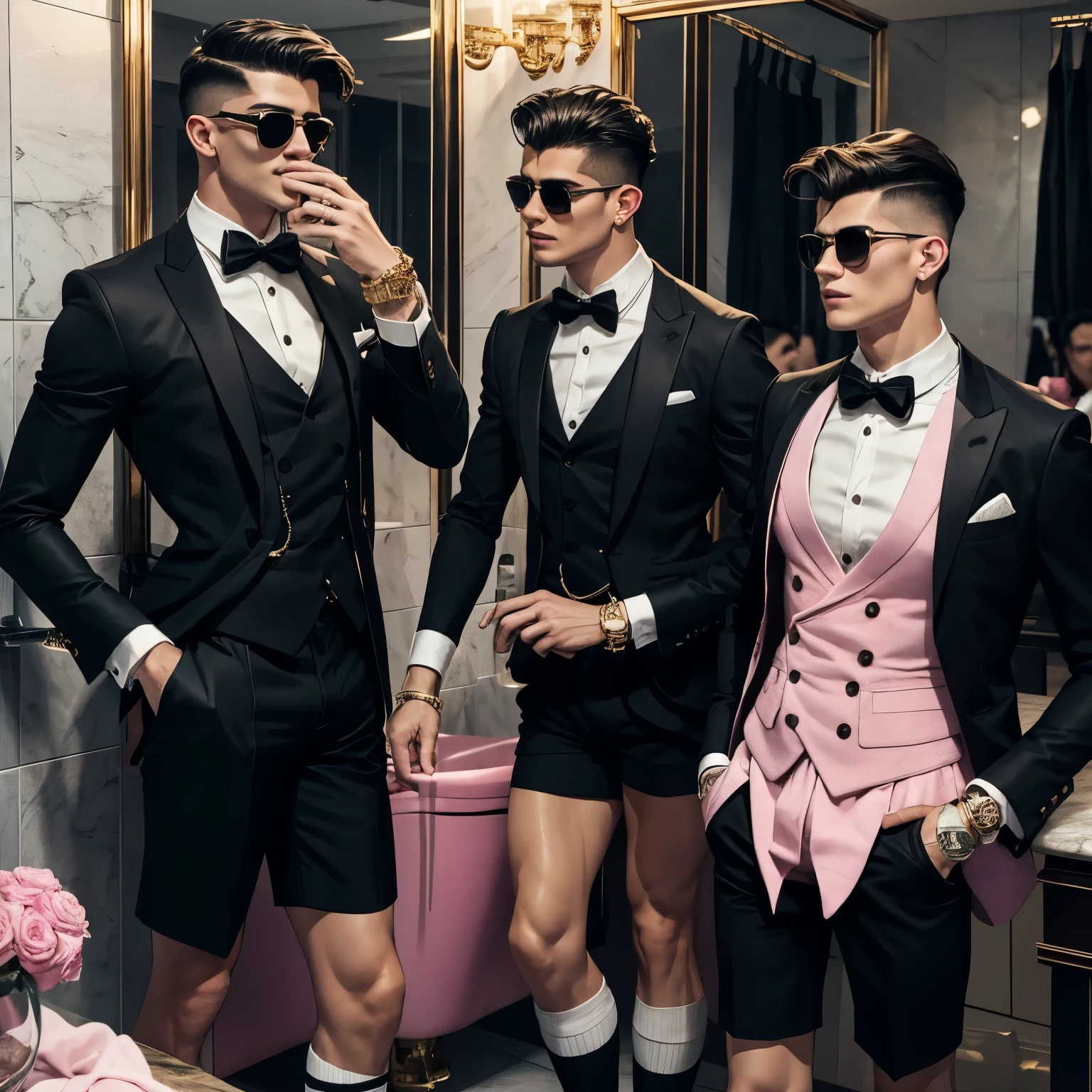 2 two arogant rich fashion preppy white european gay men in black dapper jackets, boxershorts, in their pink luxury socks with sock garters , wearing golden rings, diamond rings, golden necklaces, sunglasses, diamond watch, fashion haircuts, looking at themselves in a mirror, in a luxurious classic, showing off their pink sockes and garters, bathroom . Grabing, kissing, touching, feeling 