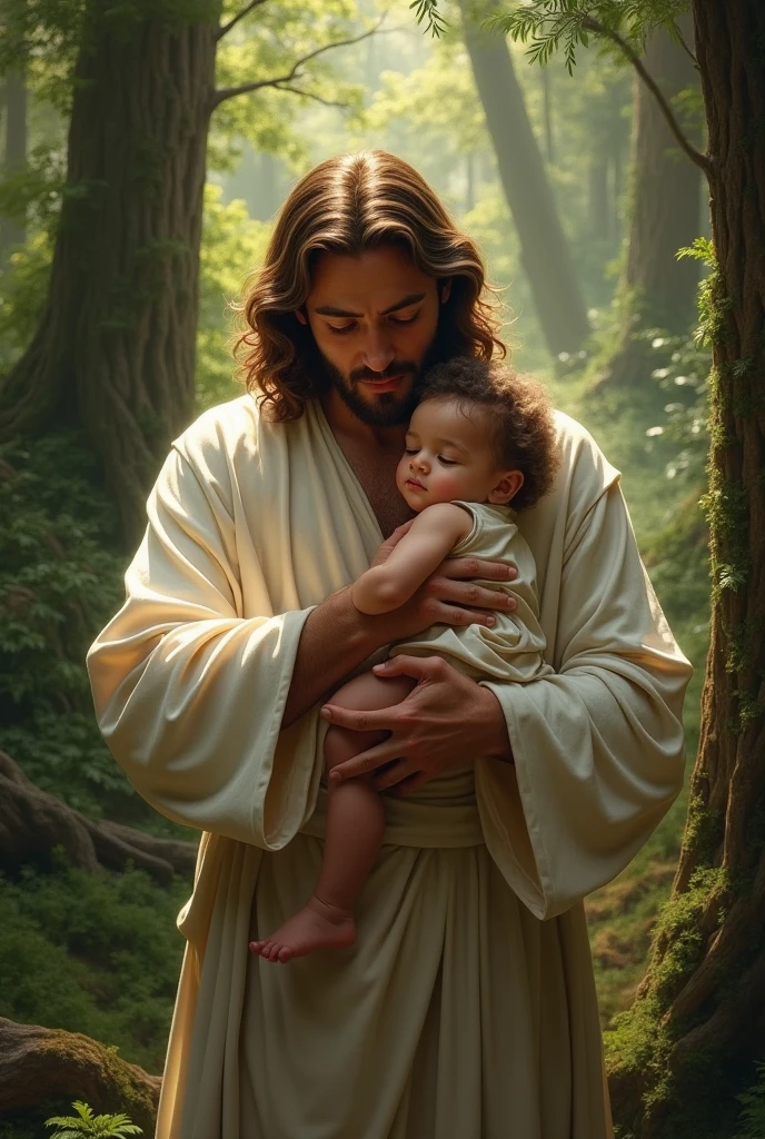 A  boy is sitting on the ground in a forest, crying with sadness and frustration. Behind him, Jesus Christ is gently touching the boy's shoulder with a comforting expression, as if trying to console him. The setting is a forested area. 1782×1024 size