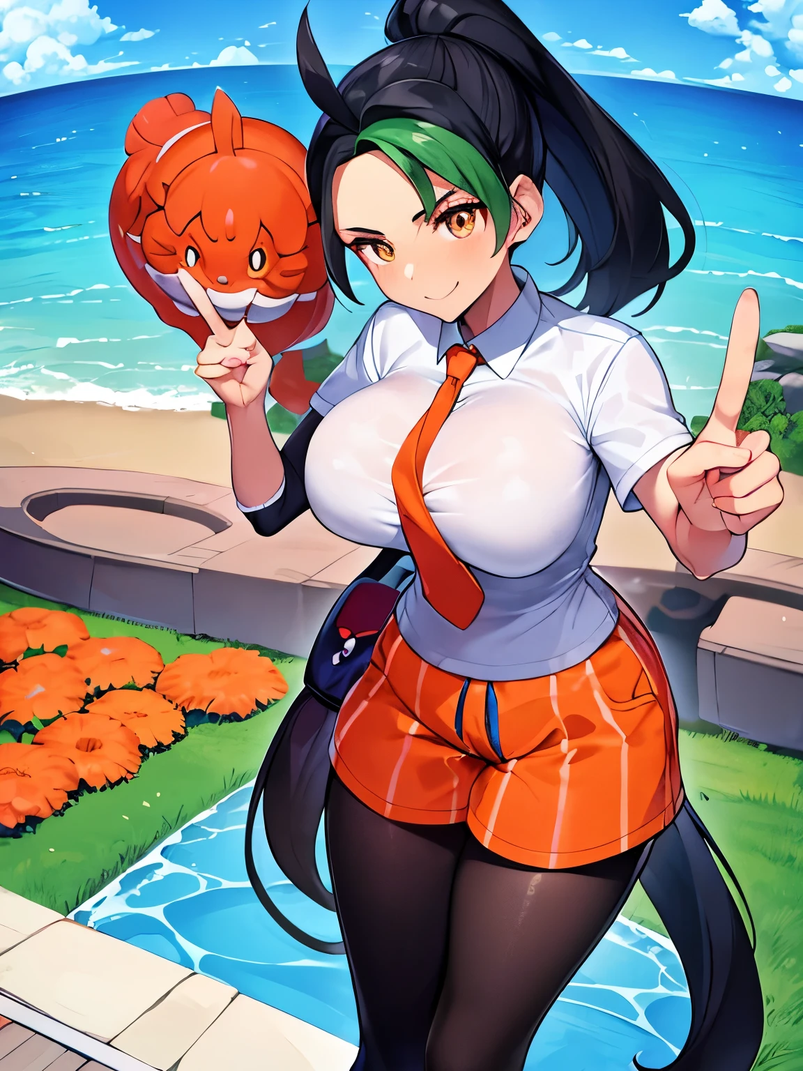 Pokémon、nemo、big tits milf、big tits milf、gran MILF、Alone、nemona、by the wide、orange eyes、Horse tail、look at the viewer、black pantyhose、gloves、orange tie、orange shorts、short sleeve、School uniform、scenery、sceneryライト、Stand out、peace sign、dutch angle、smile