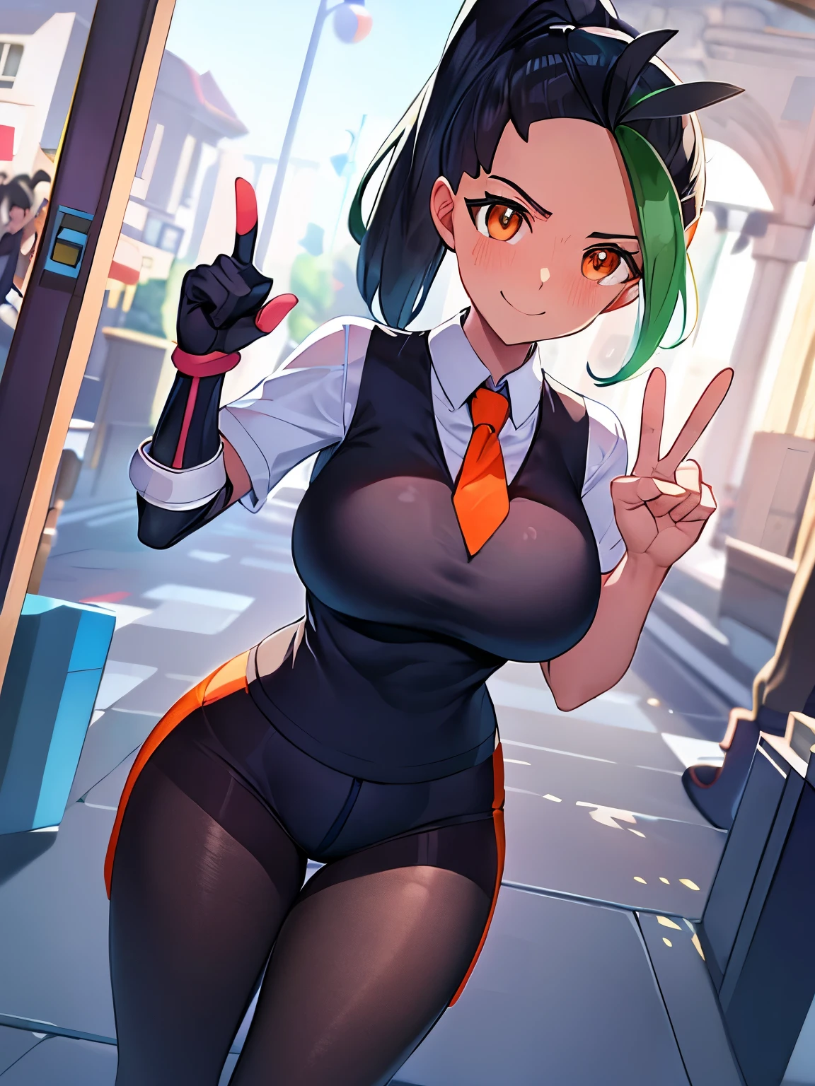 Pokémon、Nemo、big tits milf、big tits milf、big milf、solo、Nemona、long hair、orange eyes、ponytail、look at viewer、black pantyhose、gloves、orange tie、orange shorts、short sleeve、、stage、Stage Lights、Spotlight、peace sign、dutch angle、smile