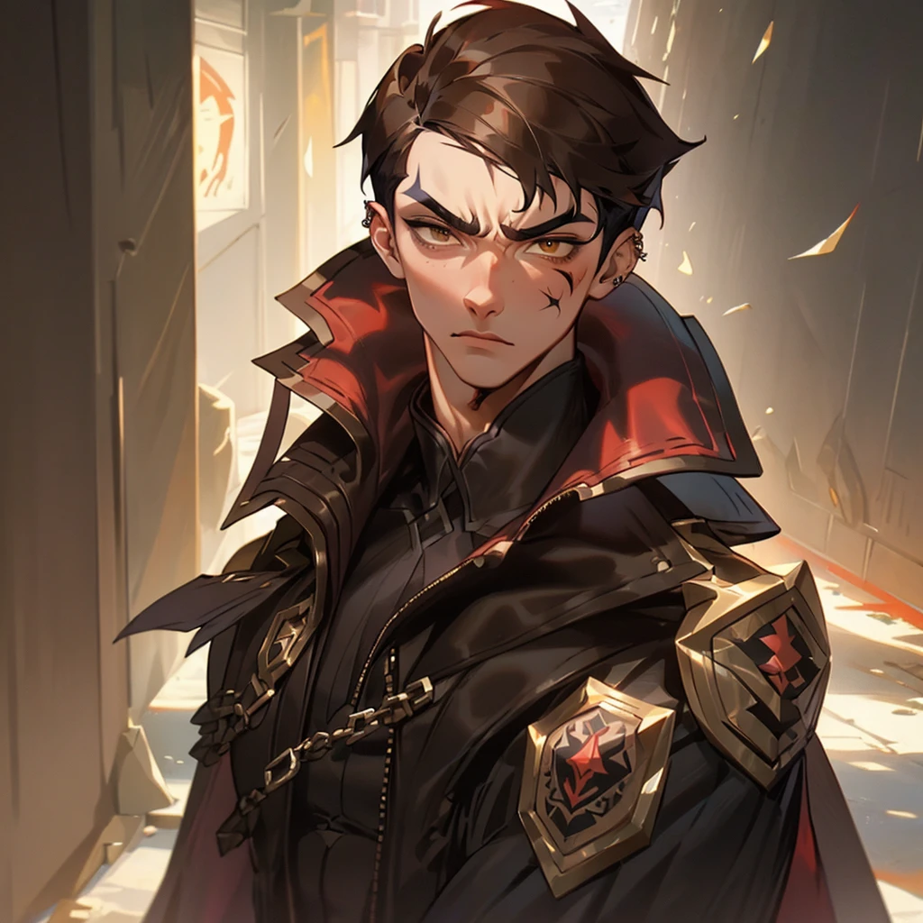 arcane style, (1 man), handsome, cropped hooded jacket, dark red jacket with black details, tattoo on arm, asymmetrical bangs, band-aid, short hair (shaved on one side), bangs freckles, light brown eyes, muscular man, looking at viewer, tattoo on neck, piercing in nose, brown hair, scar, scar on face, solo, tattoo on face, detailed background, city, alley, dark alley, night, angry, close-up, mouth closed, , ((masterpiece)), masculine face,