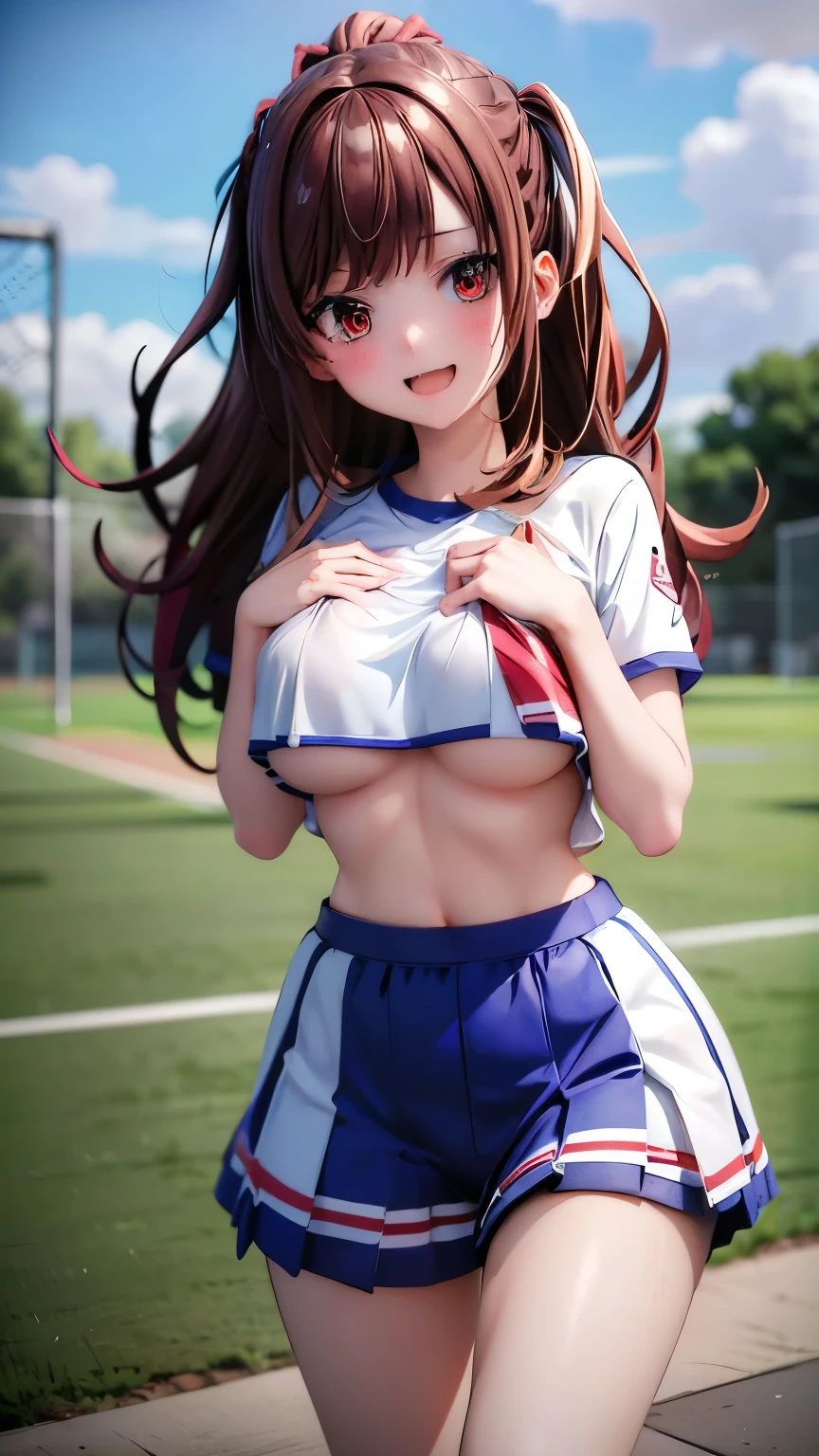 最high quality、Best image quality、masterpiece、With a girl((, Play sports frequently、Bust of a Giant、Lactation、Brown Hair、Red eyes、Open your chest wide, thin, smile, liar、Troubled expression、 cute、Winning spirit、Cheerleader、Are standing))、high quality、Beautiful art、With background、((Sports club))、Exquisite design、Visual Arts、