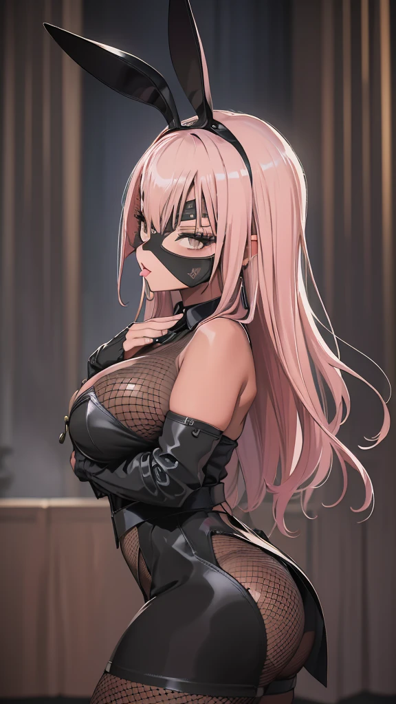 High resolution, One Woman, (Long Hair, Pink Hair, )、(Bunny ears、Bunny Suit、Fishnet tights、Bodysuits)Earrings,(Brown Skin、black人、Adult female、Plump body、Hip line)、Sexy pose、(Blindfold、mask、black、venetianmask、)Sexy pose、Butt、Fascinating、Lure、Licking your fingers、Mature Woman、Love-colored skin、blackい唇