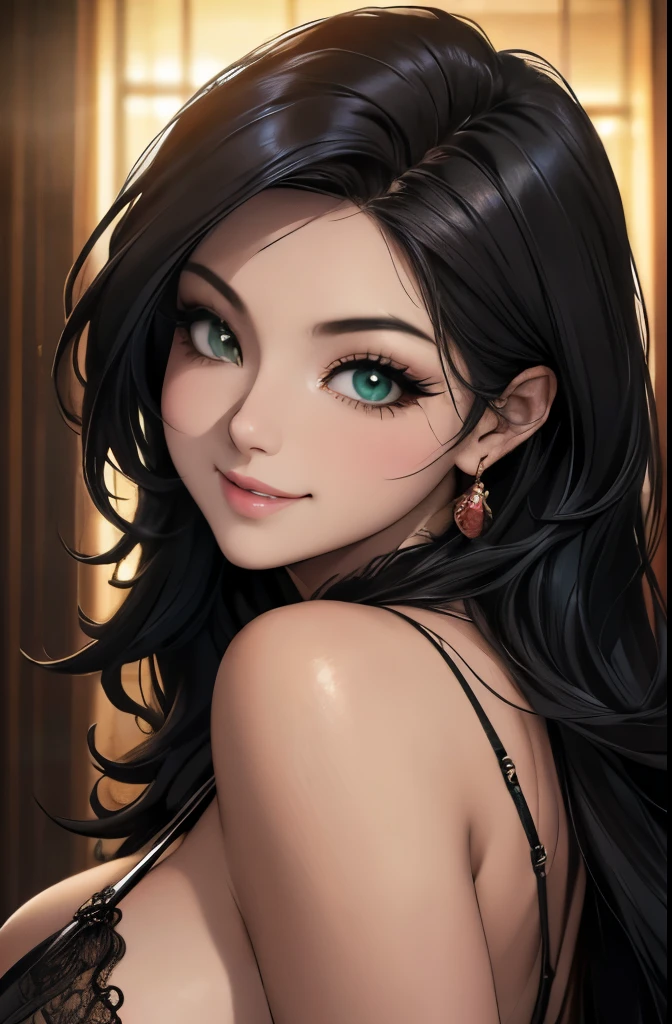 Realistic, a glamour shot of an Asian waifu smiling shyly (extremely long curly hair), hand on her chin, hard nipples, big ass, leaning toward the viewer, cowgirl pose, with Smokey eyeshadow and knowing smile, heavy eyeshadow and mascara, wearing an evening dress, underboob, side boob, insanely detailed face and green eyes, intricate, hyper-detailed bedroom, a romantic evening, digital illustration, masterpiece, beautiful eyes, atmospheric lighting, centered, perfect anatomy, glowing eyes, candid portrait, clear, very detailed, smooth, sharp focus, focused on the viewer