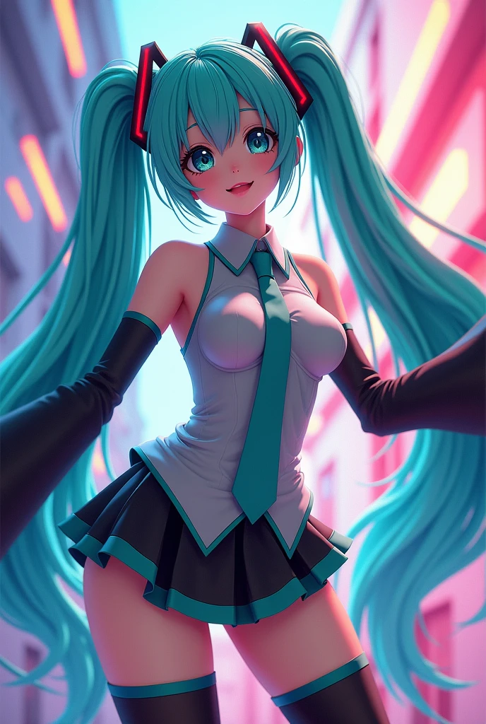 hatsune miku, tight white panties, skirt lifting, cameltoe, beautiful enticing smile, perfect legs, perfect thighs, vibrant colors, dynamic lighting, anime style, detailed facial features, glossy hair, realistic shading, detailed clothing folds, seamless blend of 2D and 3D art, high-res illustration, vaginal juice stain on panties, wet panties, vaginal juice drip, vaginal juice, vaginal juice dripping from slit, thighhighs, medium breasts, transparent, nobra, covered, embarrassed smile