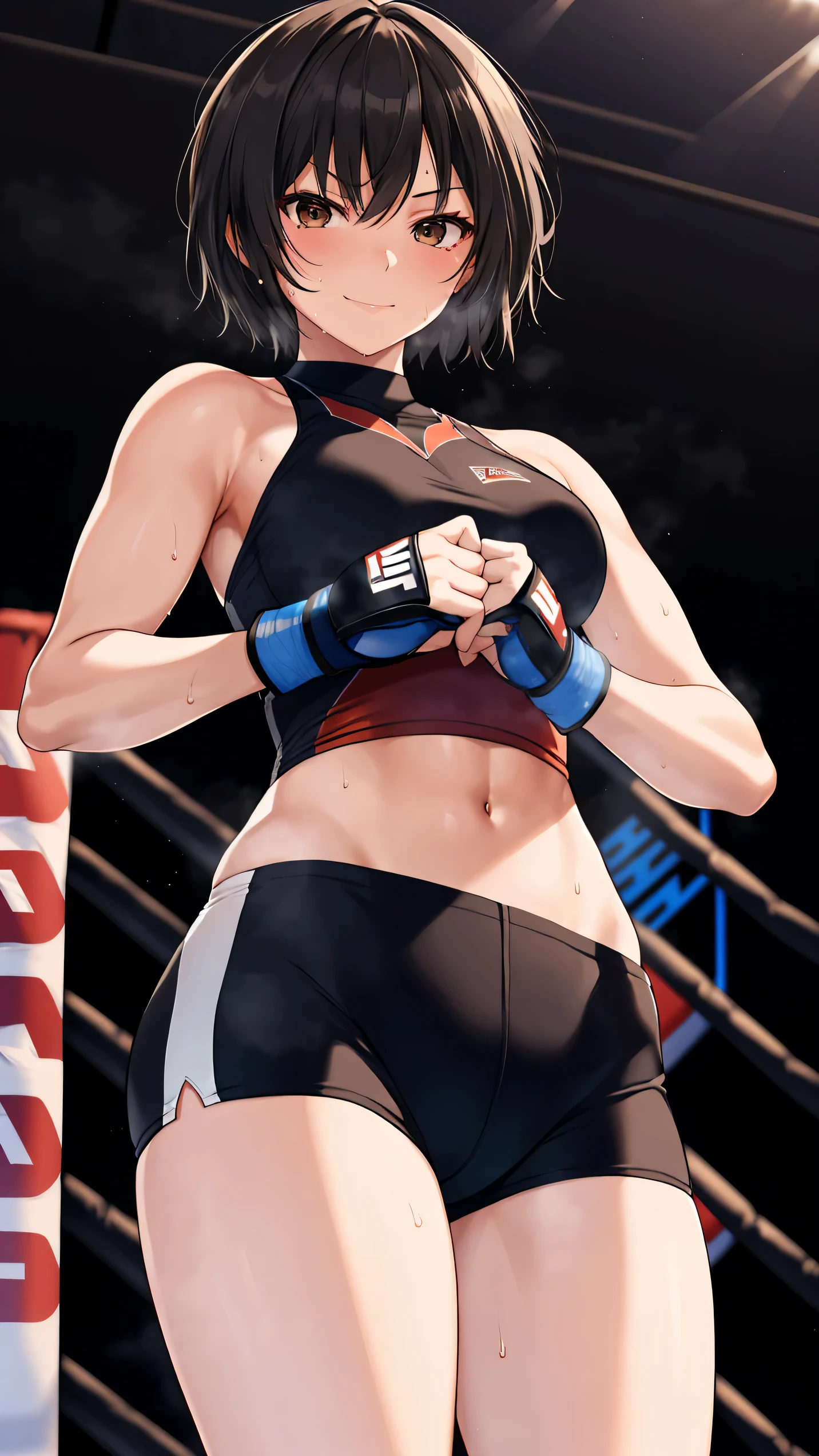 nanasaki, nanasaki ai, ai nanasaki, Dynamic Angle, Long bronze hair,Braiding,Brown eyes,Detailed eyes,Large bust line,(wearing sports wear:1.5, thigh, cute hip), Roll Forward,Genuine,Her slim legs are really cute.,Very beautiful long legs, Perfect body,Genuine,(Independent),(on MMA Arena :1.5),smirking, Toned stomach,Ultra HD,Detailed eyes,Detailed face,cowboy shot,(from below), looking at viewer,(declare victory:1.5),sweaty,depth of field,