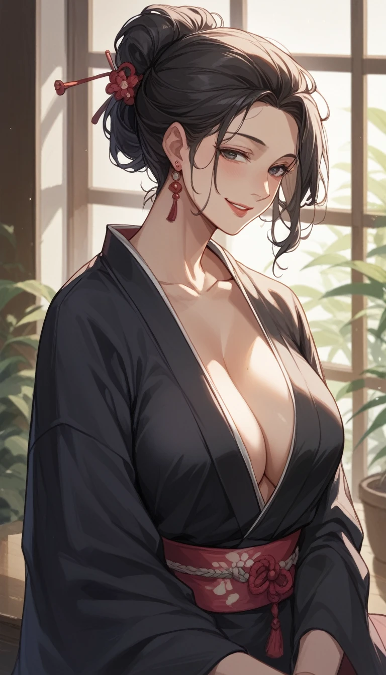 Black kimono、(Mature Woman:1.4)、Poison Woman、50 years old、Captivating smile、Black Hair、Updo、Married women、(Sticking out one&#39;s tongue obscenely:1.5)、lick、Japanese-style room、Drooling